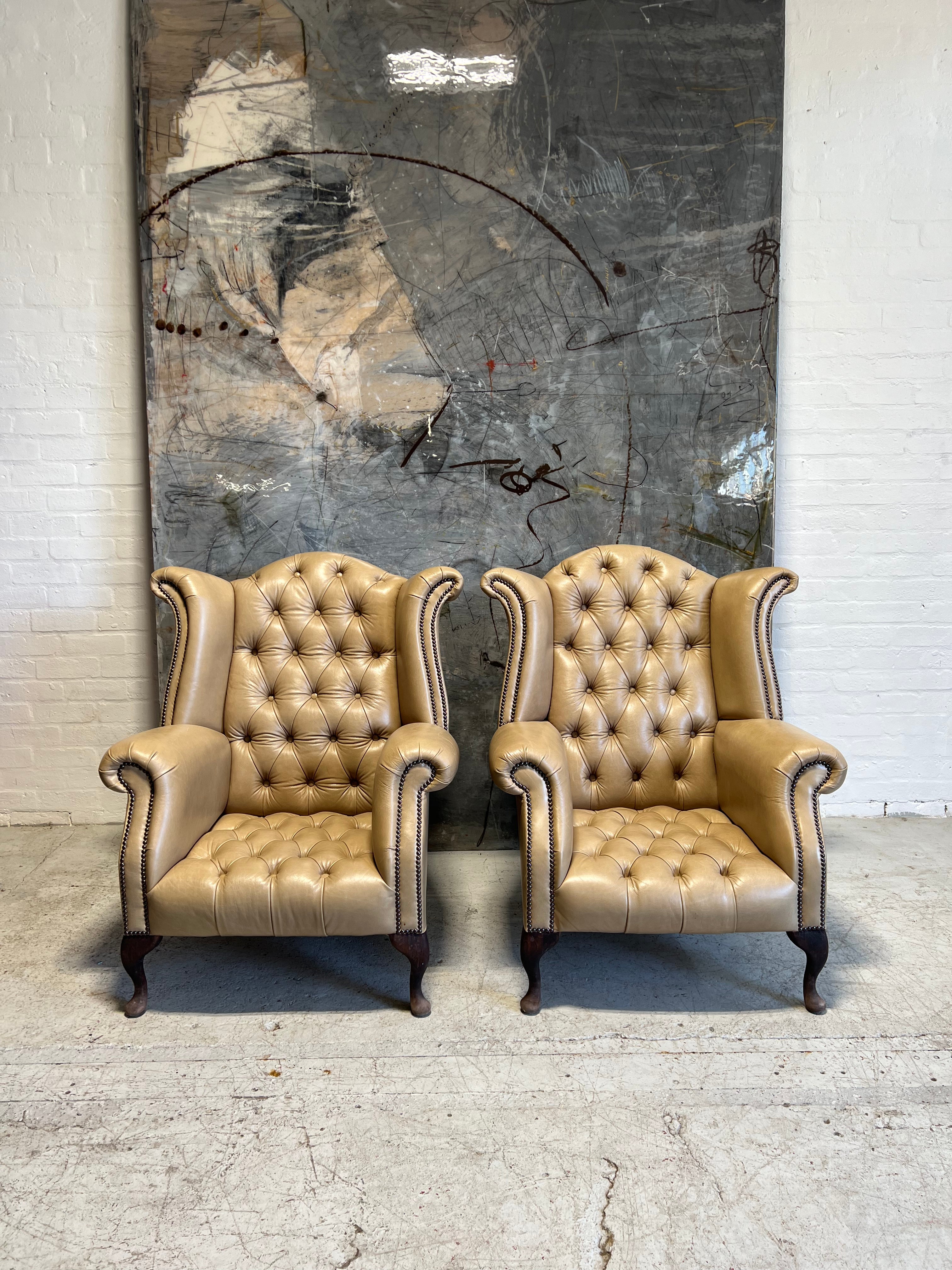 Very Smart Matching Pair of Leather Wing Chairs in Parchment