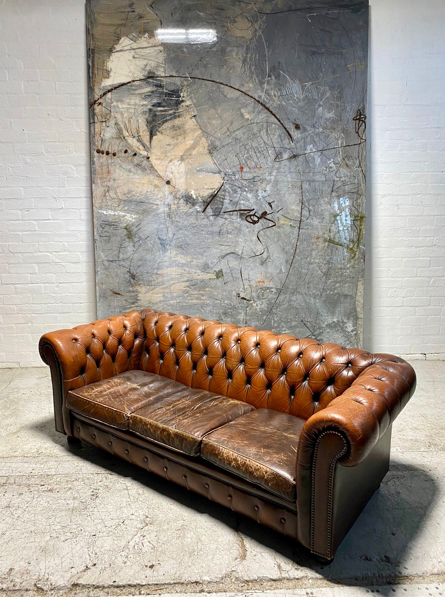 A Great Tan Brown Leather Chesterfield Sofa Bed