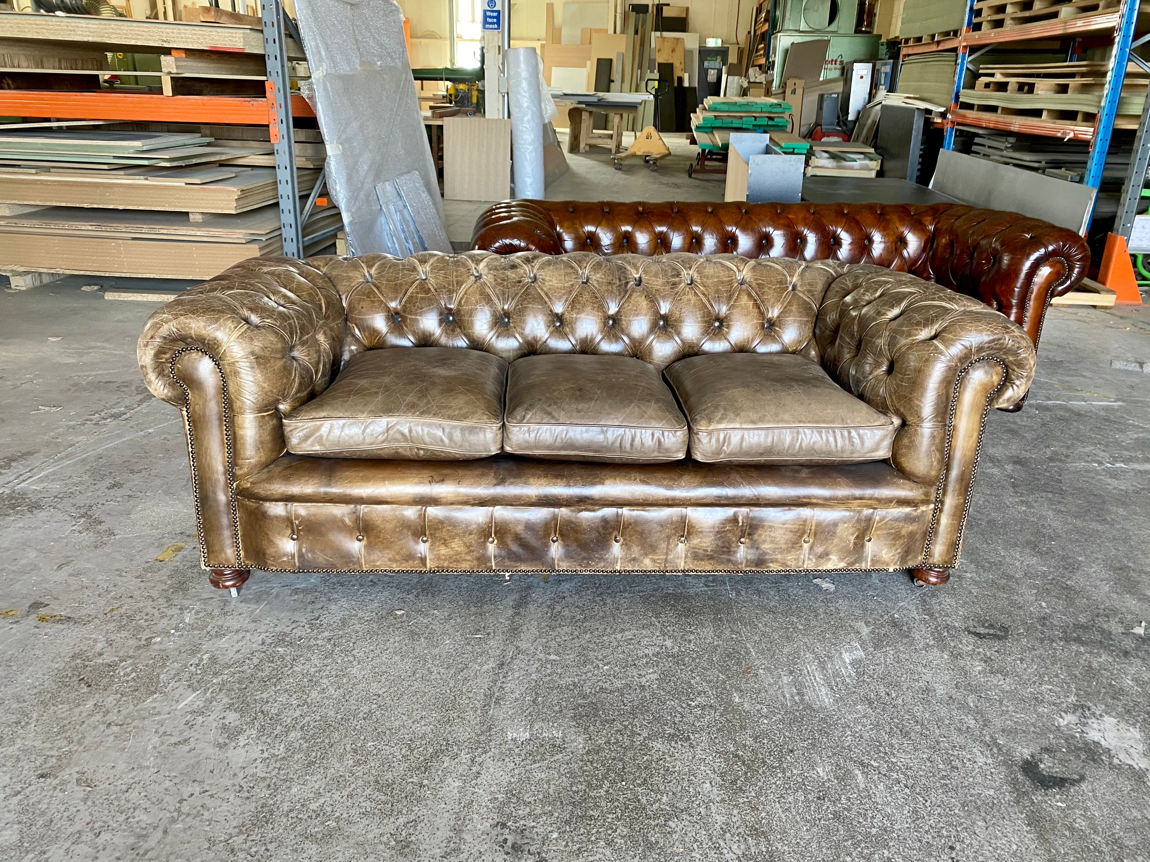 Exceptional Hand Dyed Leather Chesterfield Sofa in Chalk Brown