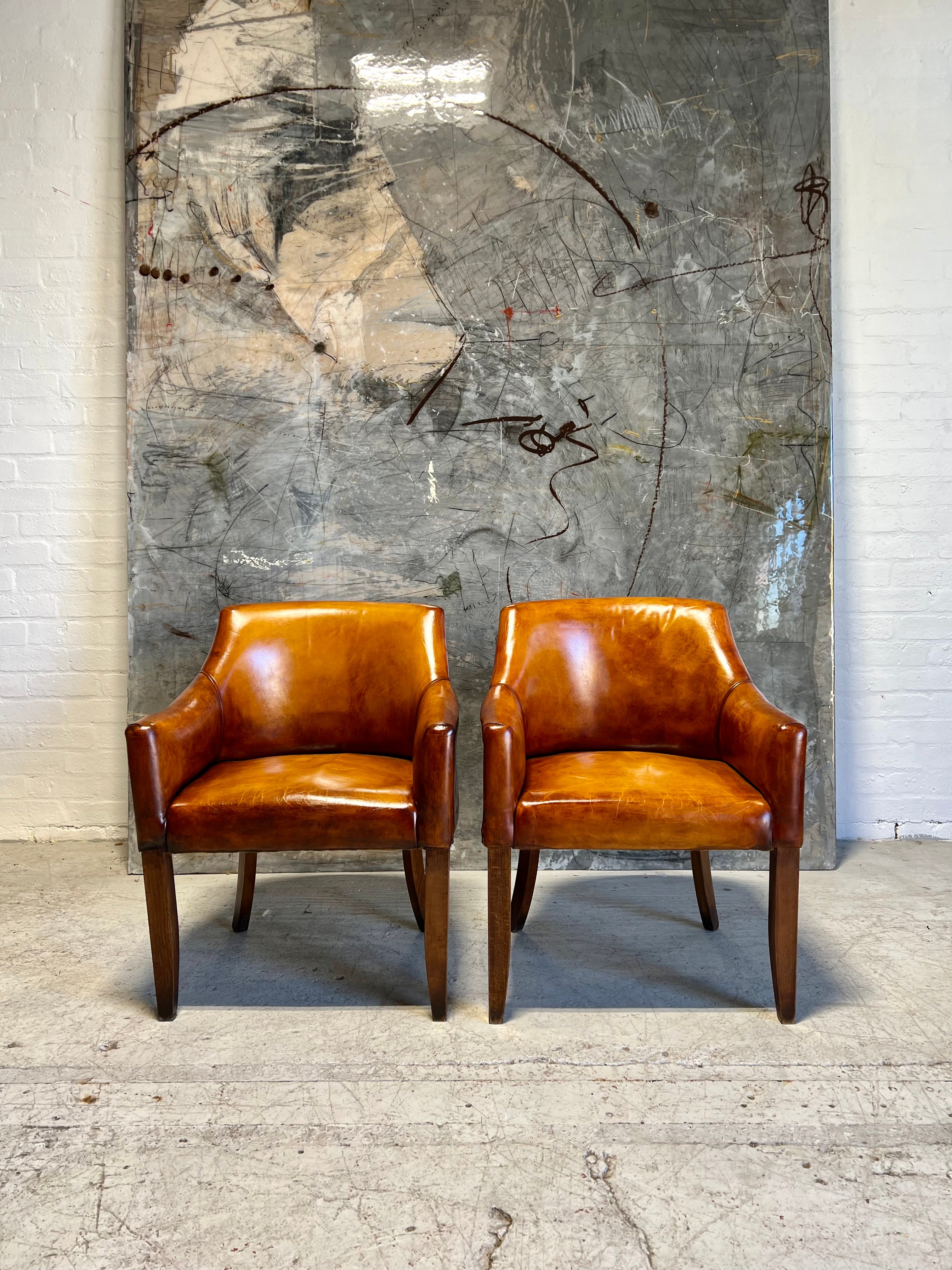 A Very Smart Matching Pair of Library Armchairs in Hand Dyed Leathers