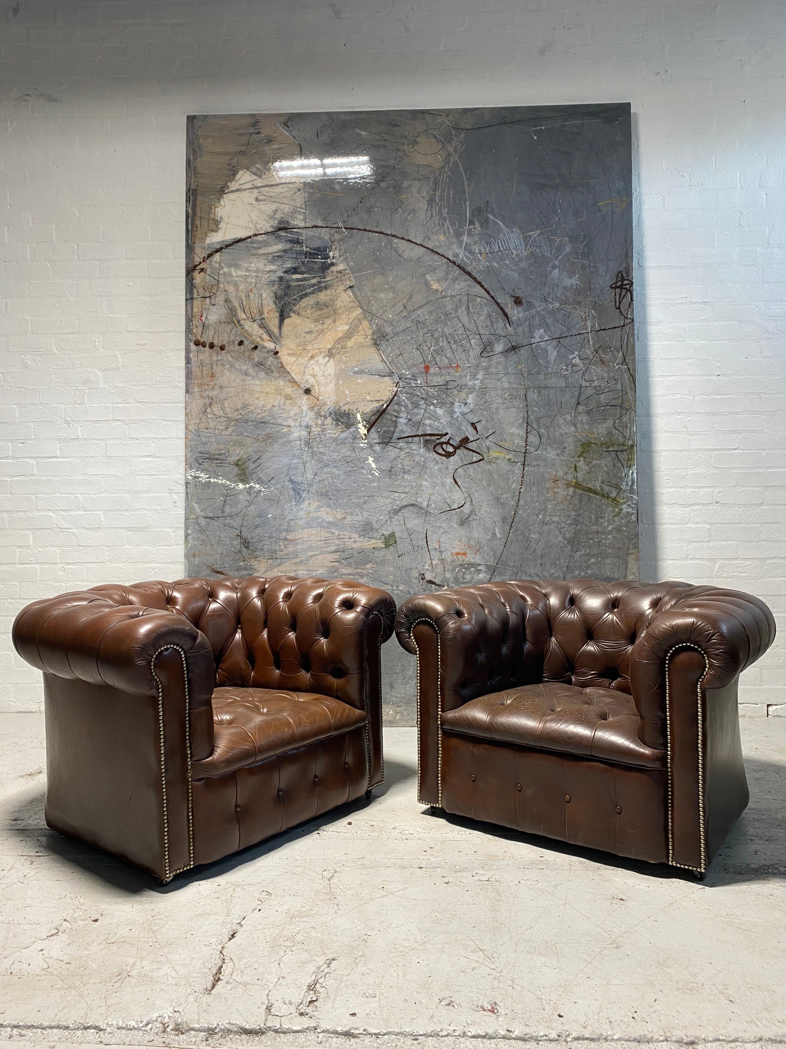 A Super Pair of Chesterfield Club Chairs in Brown