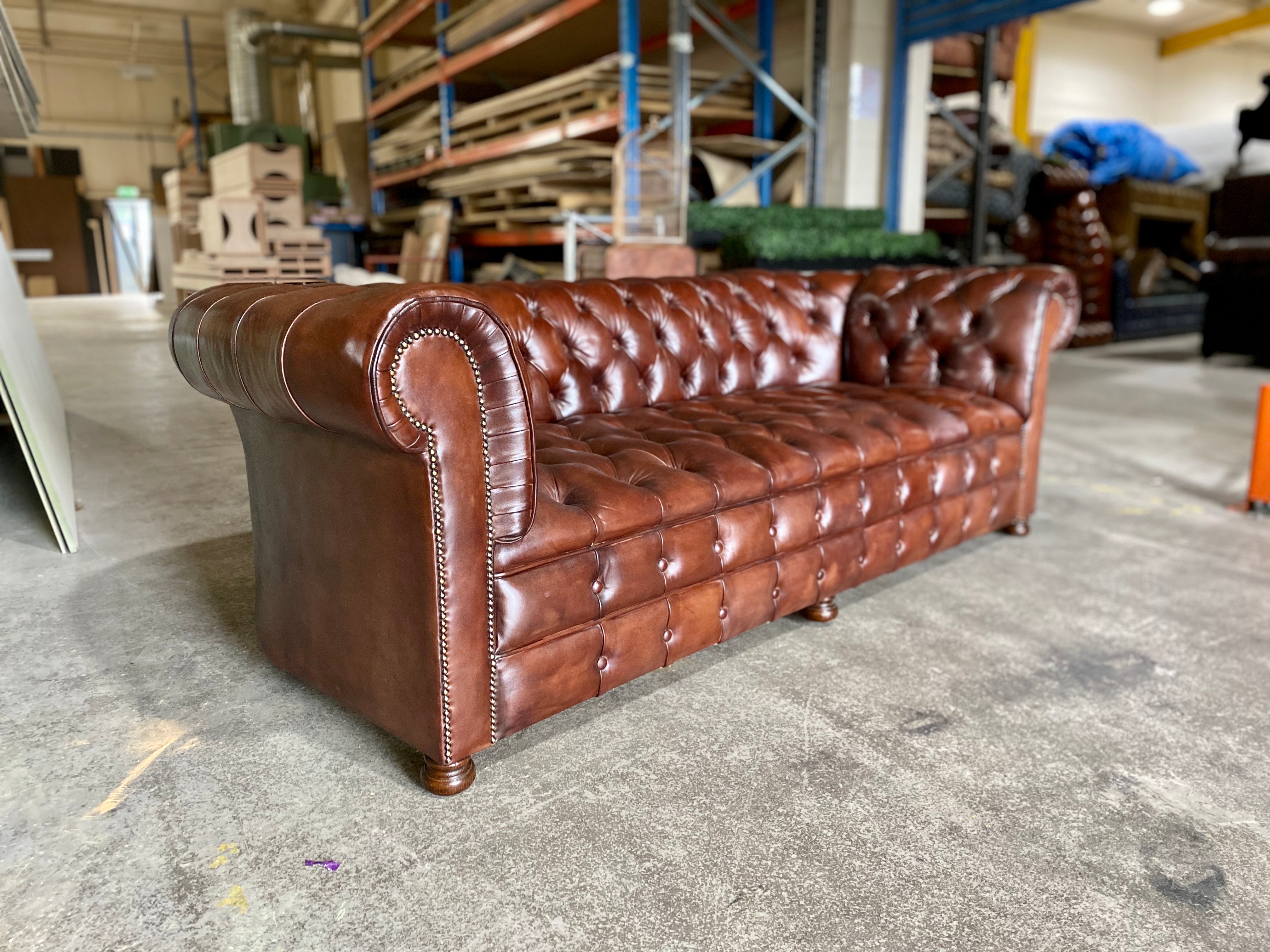 A Perfectly Restored Drop Arm MidC Chesterfield in Hand Dyed Warm Browns