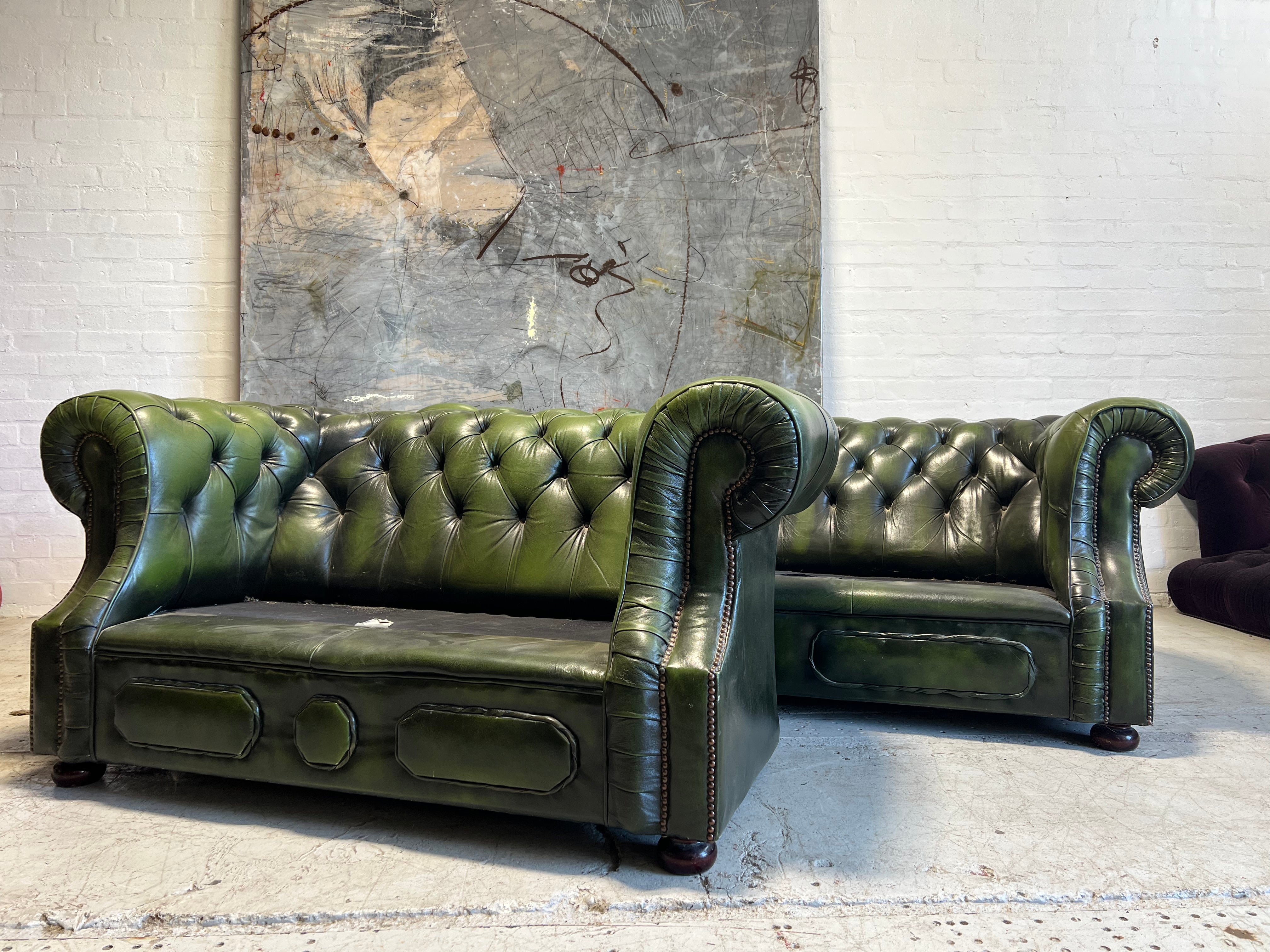 Matching Pair of Green 3 & 2 Seater Chesterfield Sofas with Swan Neck