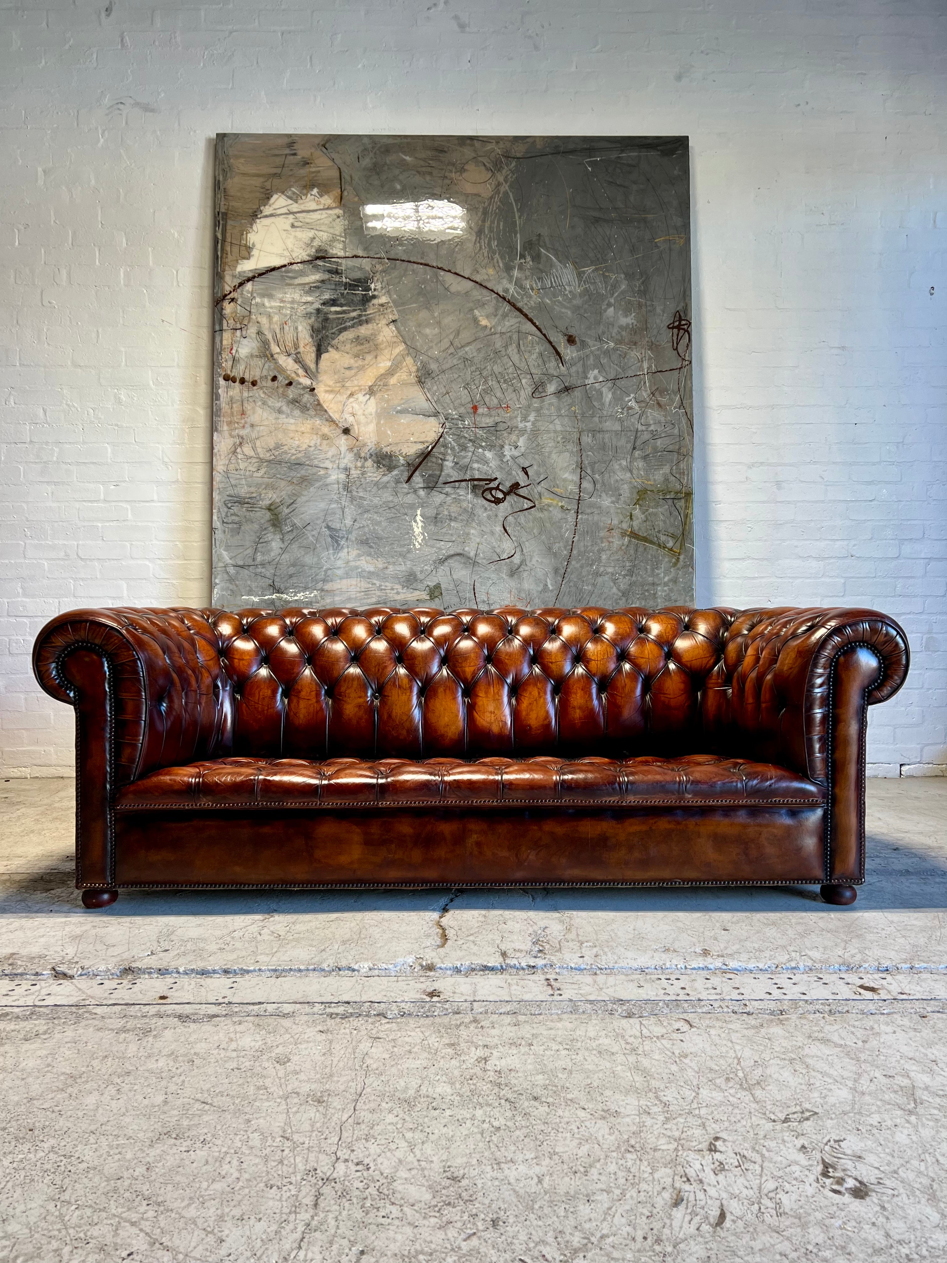 Exceptional MidC Vintage Leather Chesterfield Sofa in Hand Dyed Horse Chestnut