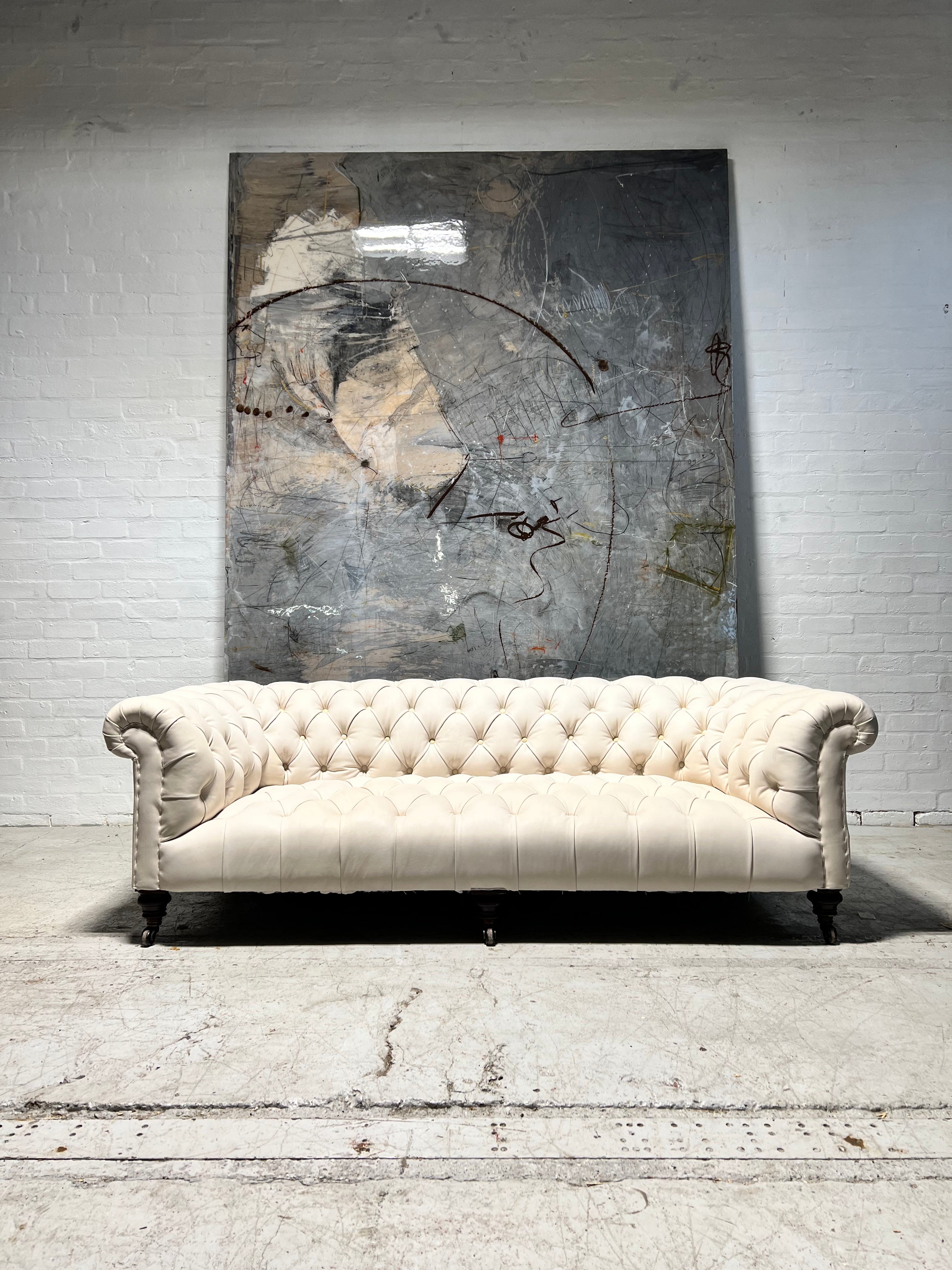 A Very Good 4 Seat Antique Victorian 19thC Chesterfield Sofa - Fully a restored in Hand Dyed Deep Ocean Navy Blue Leather