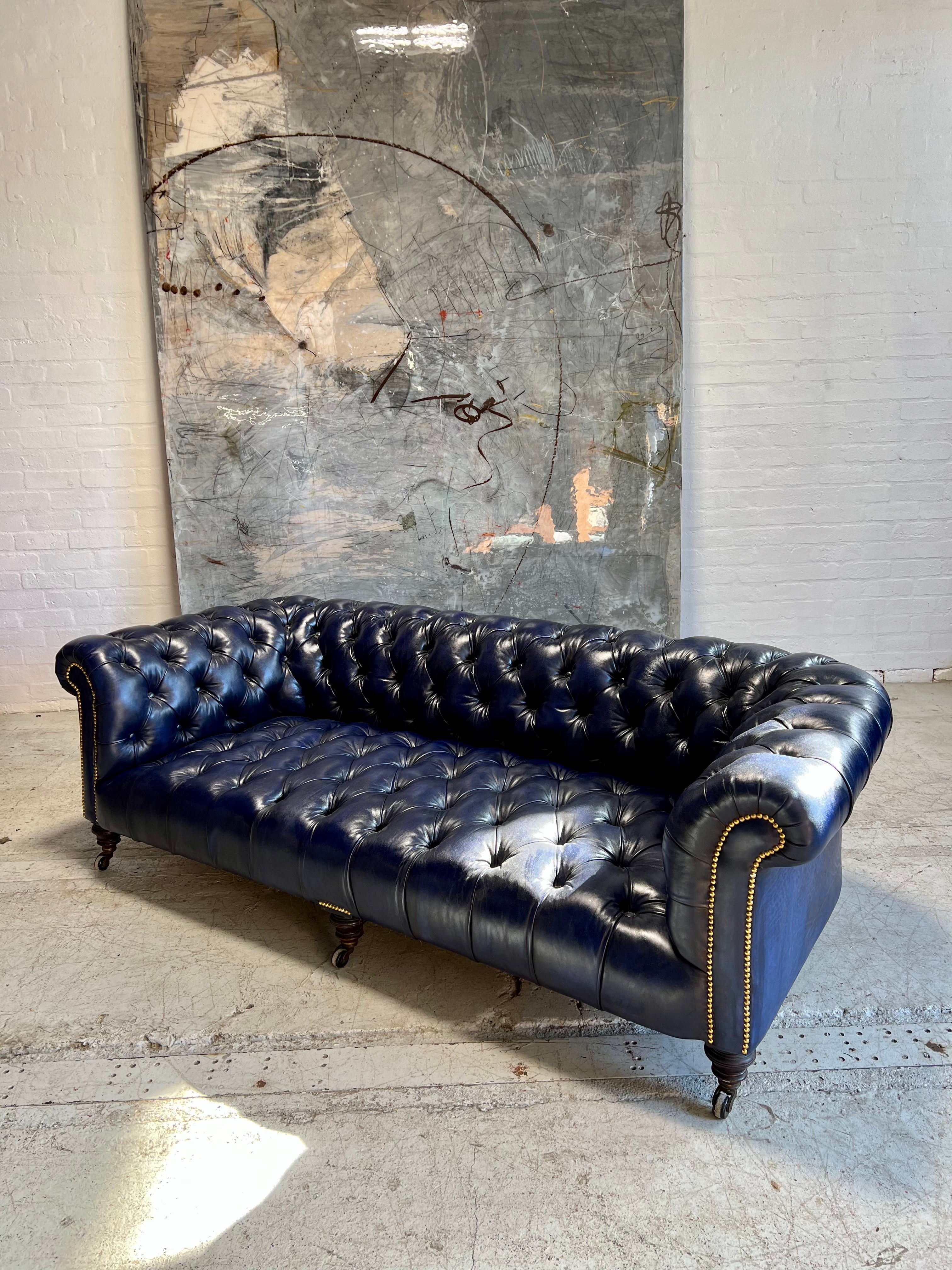 A Very Good 4 Seat Antique Victorian 19thC Chesterfield Sofa - Fully a restored in Hand Dyed Deep Ocean Navy Blue Leather