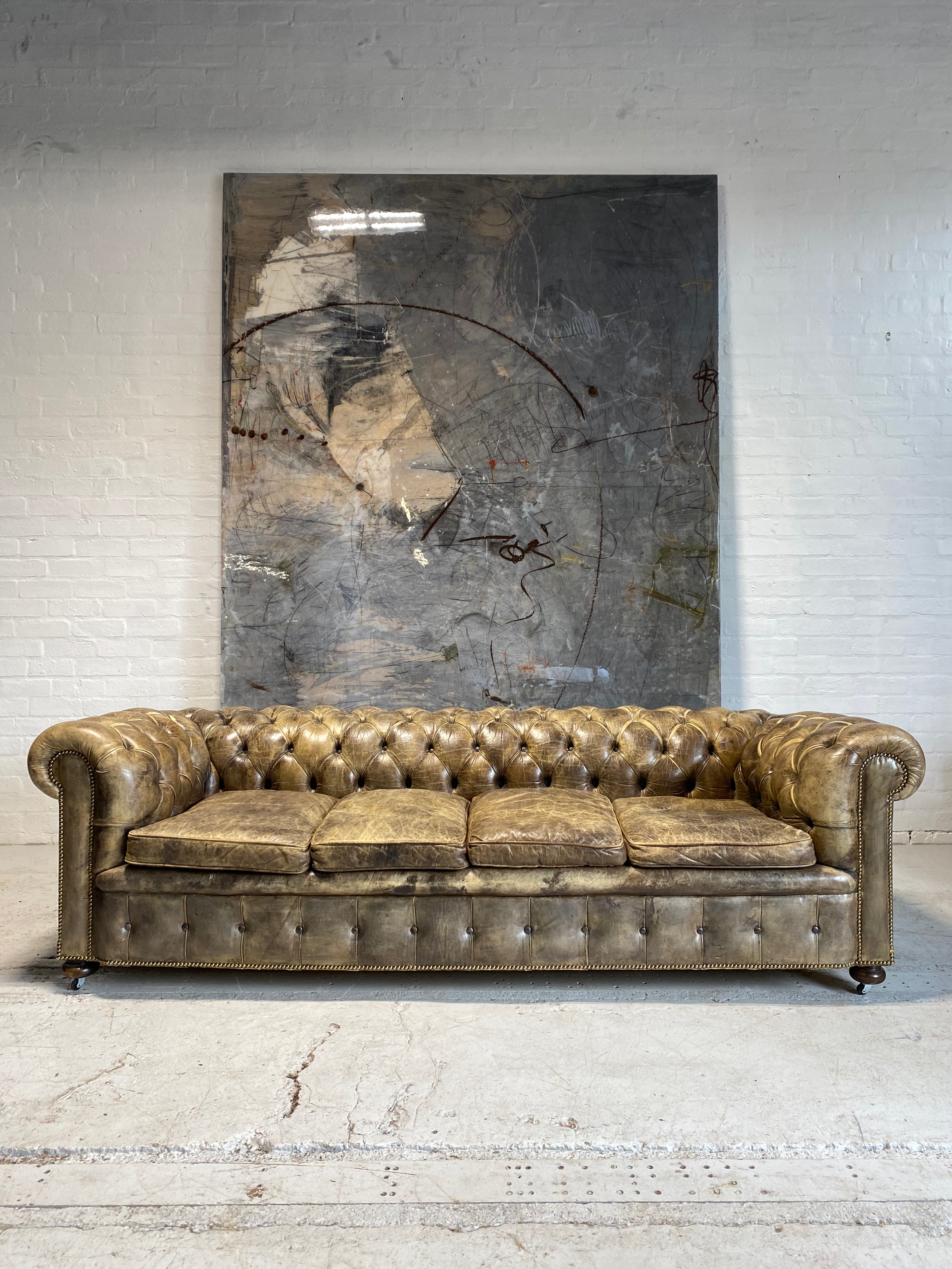 Huge Exceptional MidC Chesterfield Sofa in Walnut Husk Hand Dyed Leathers