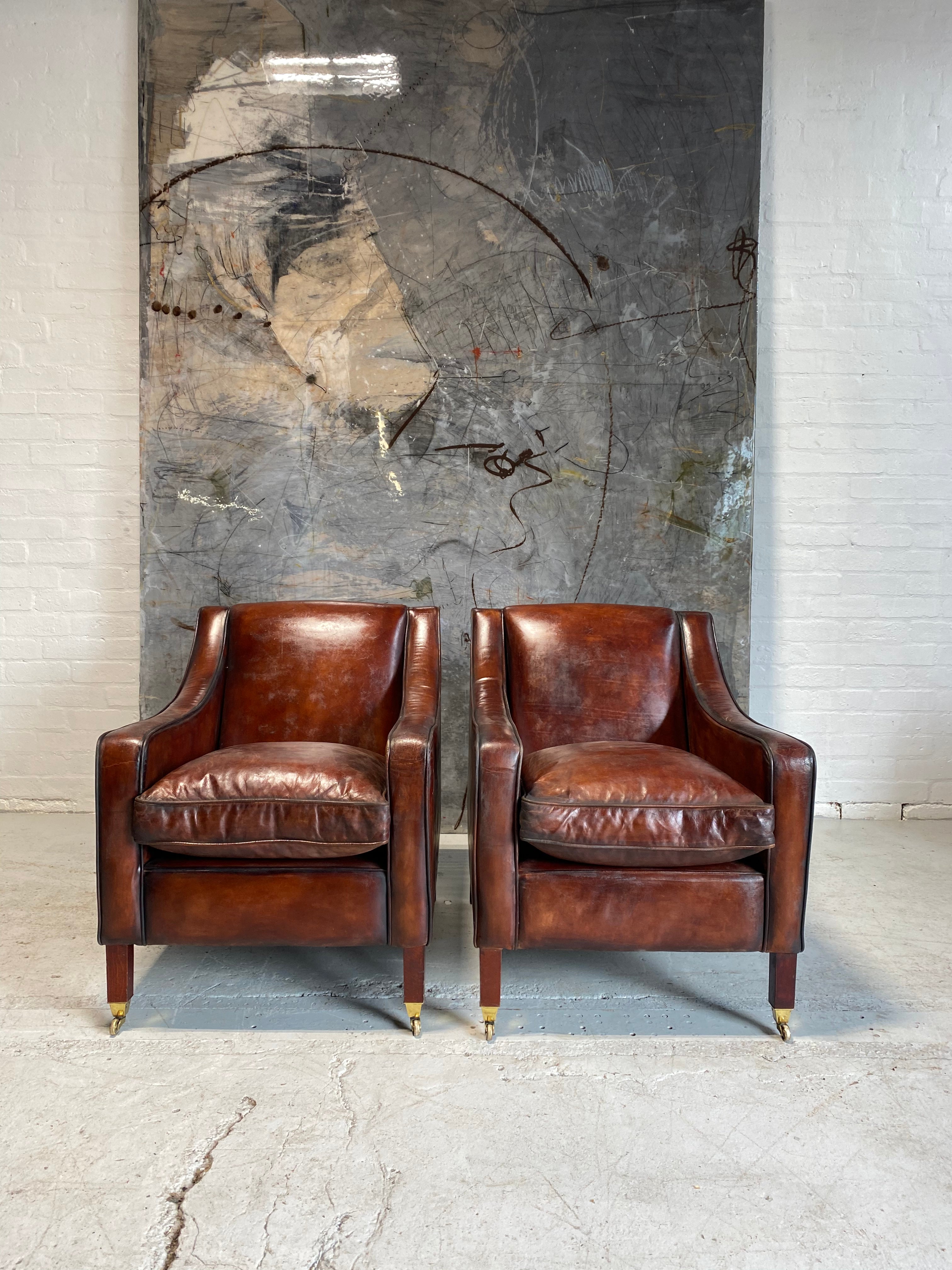 A Cool Pair of Armchairs in Hand Dyed Cognac Leathers