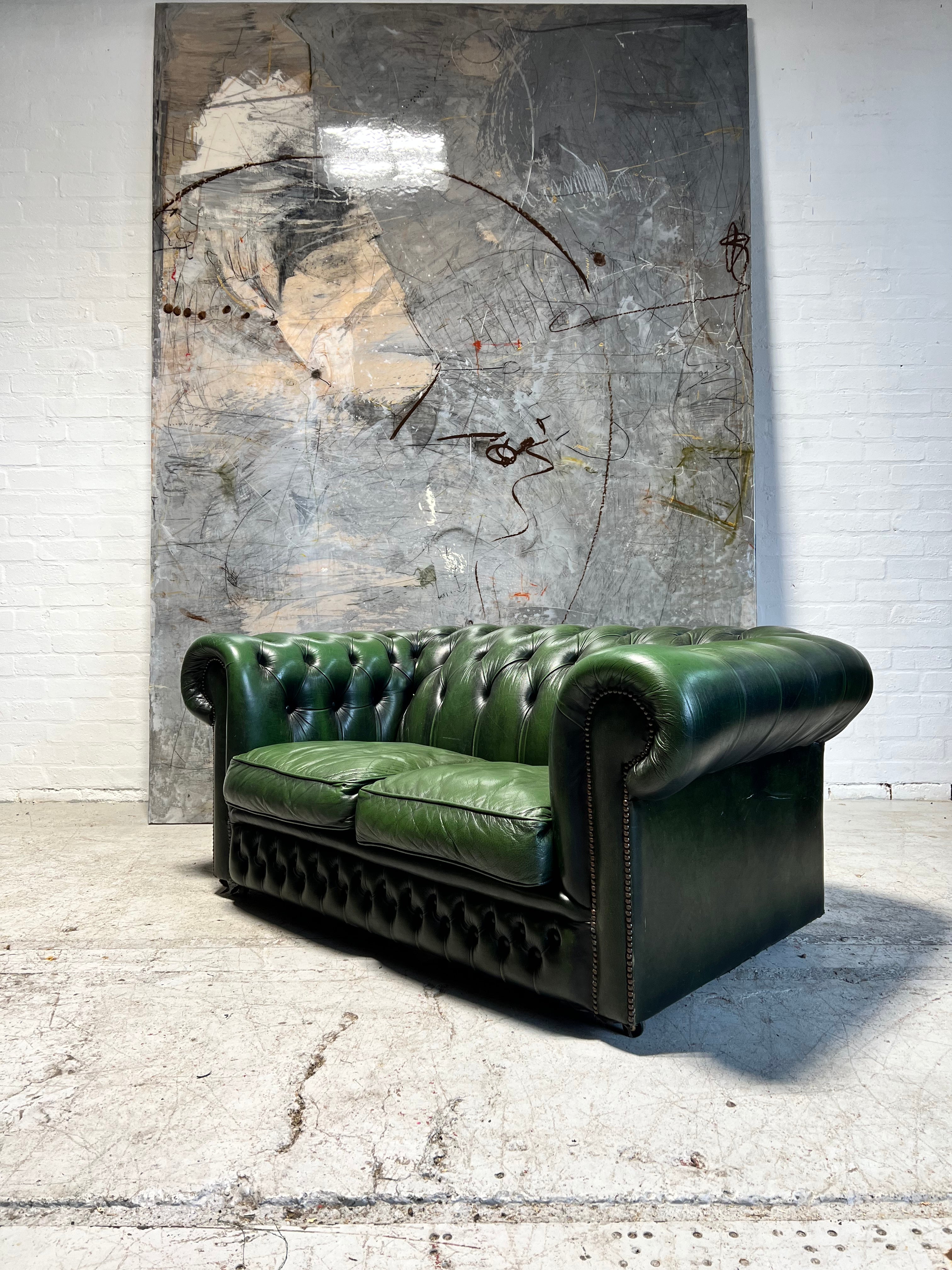 A Super Matching Pair of Leather Chesterfield 2 Seater Sofas in Forest Green