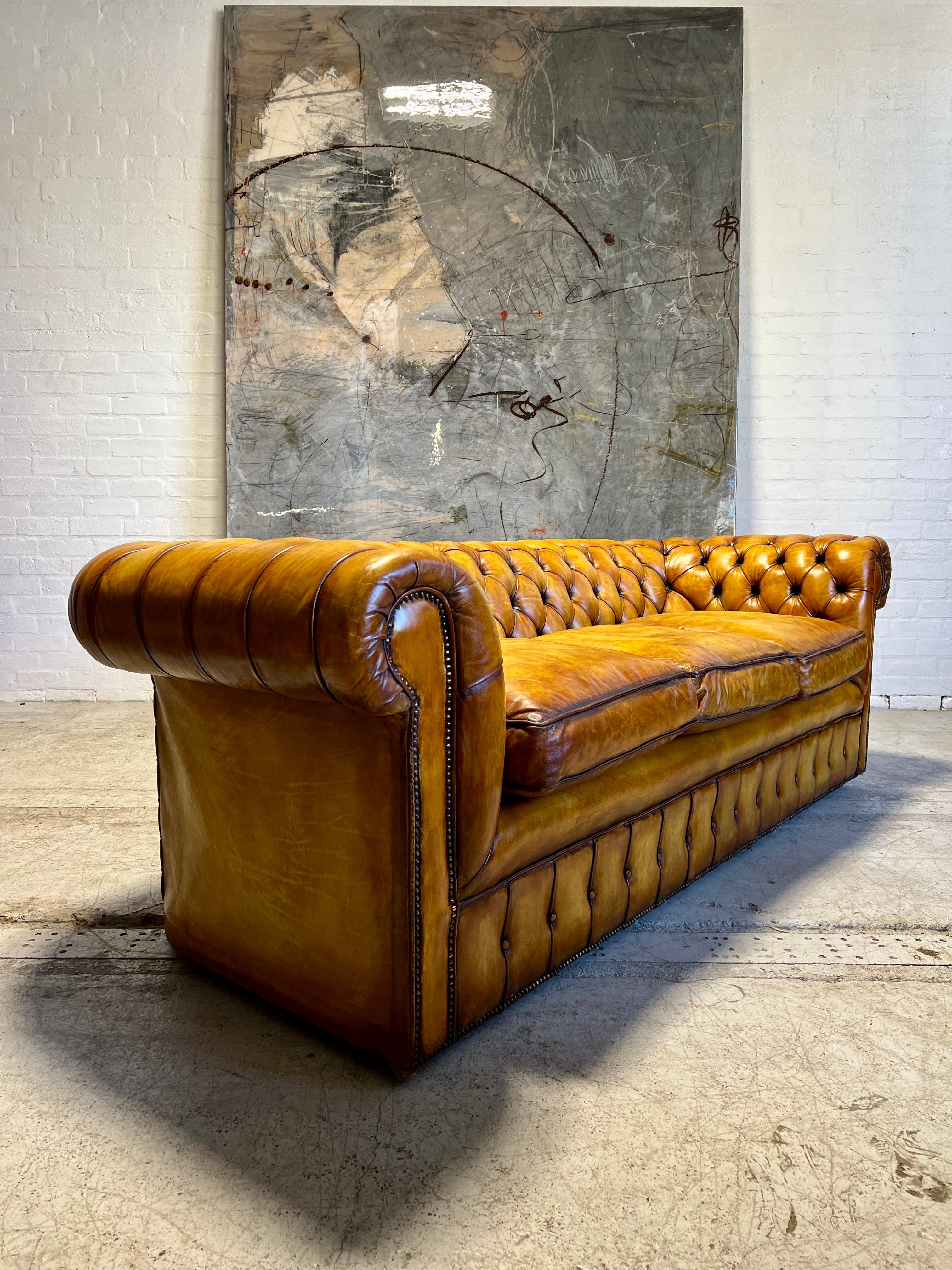 An Exceptional Autumn Gold Hand Dyed Leather Chesterfield Sofa 240cm