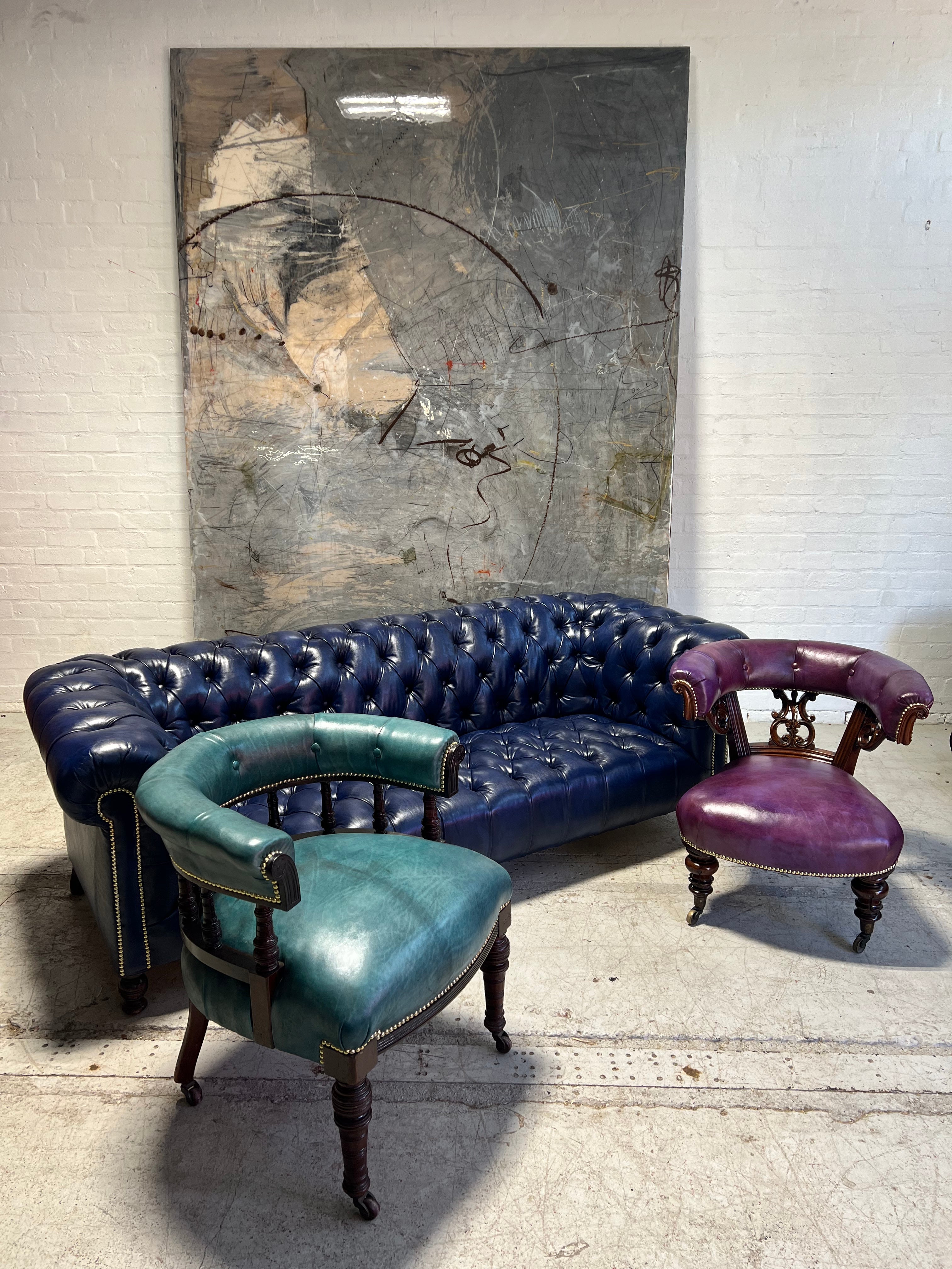 Excellent Antique 19thC Victorian Chesterfield Sofa - Fully Restored in our Hand Dyed Deep Ocean Leathers - 4 Seat