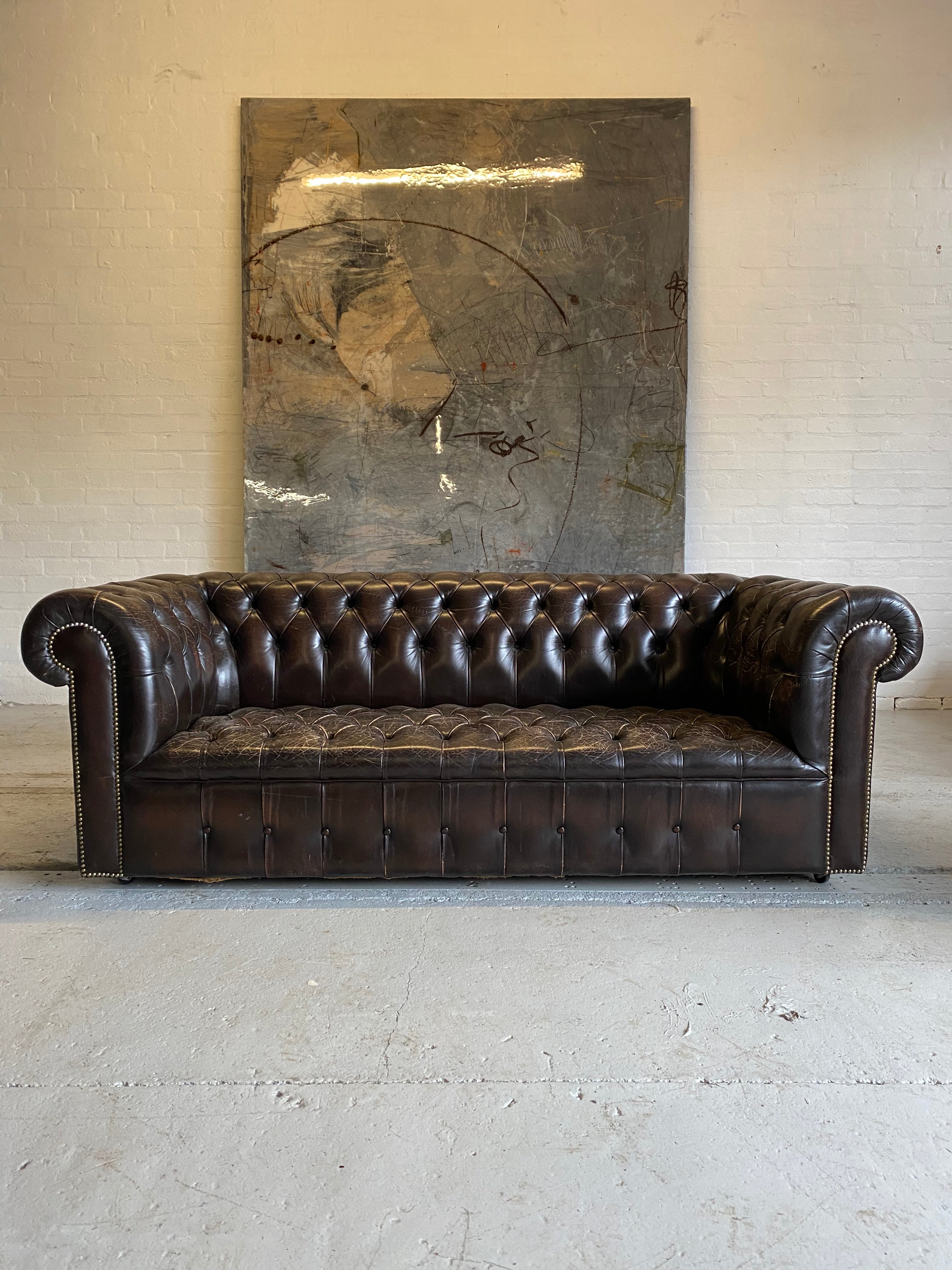 Amazing Chocolate Brown 3 seat Chesterfield with Buttoned seat