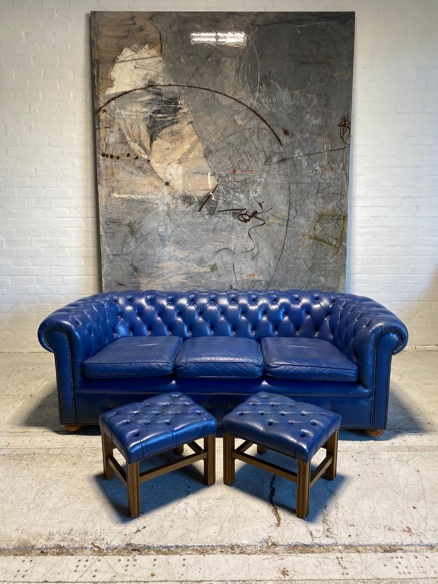 Eclectic Blue Chesterfield Sofa with Pair of Footstools