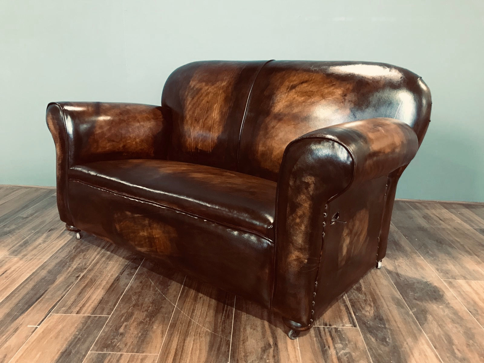 Super Pair of Fully Restored 1920’s Art Deco Club Sofas with Drop arms - Hand Dyed in Tobacco Browns