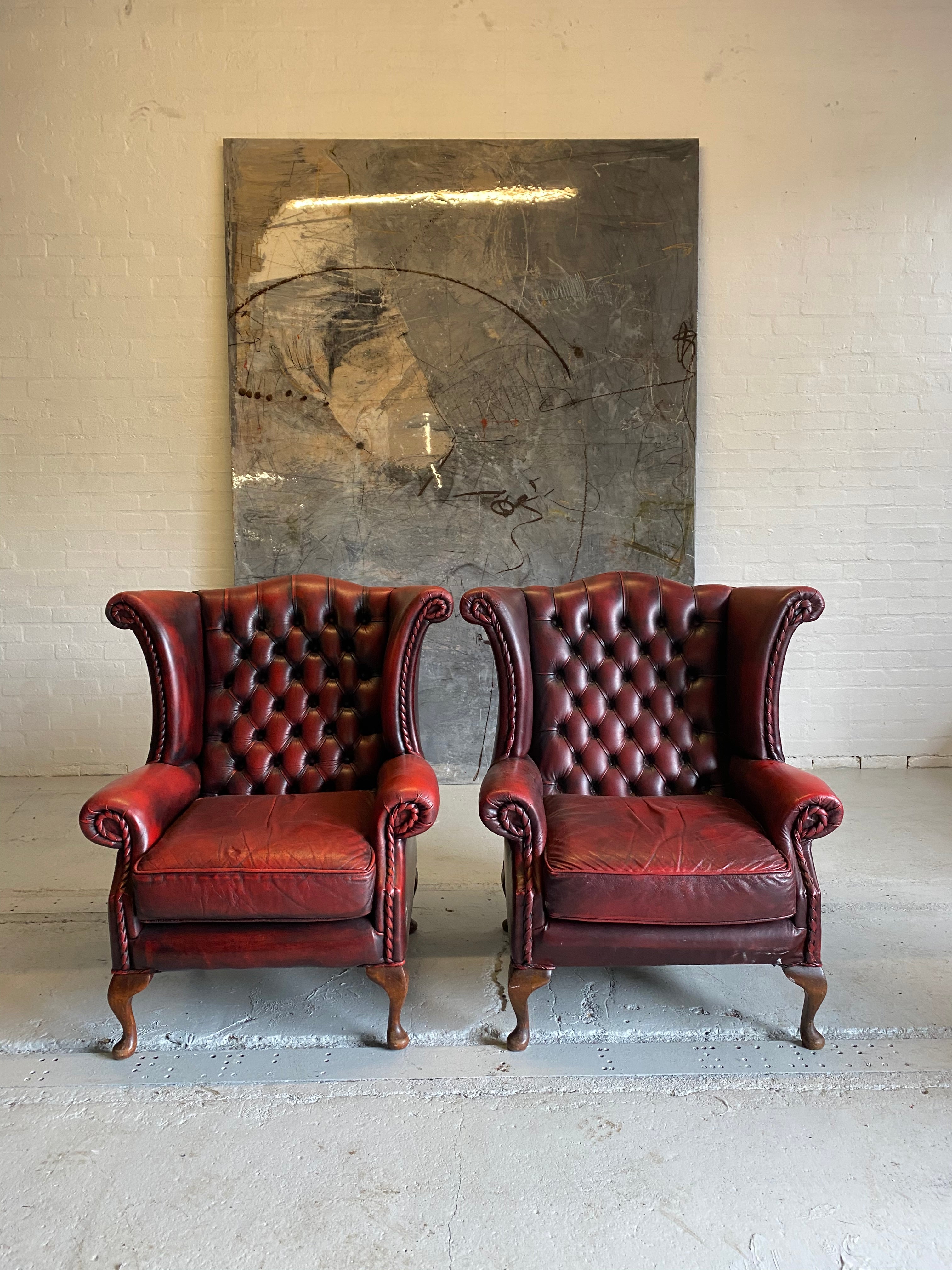 Lovely Matching Pair of Queen Anne Chairs in Raspberry Red Leathers