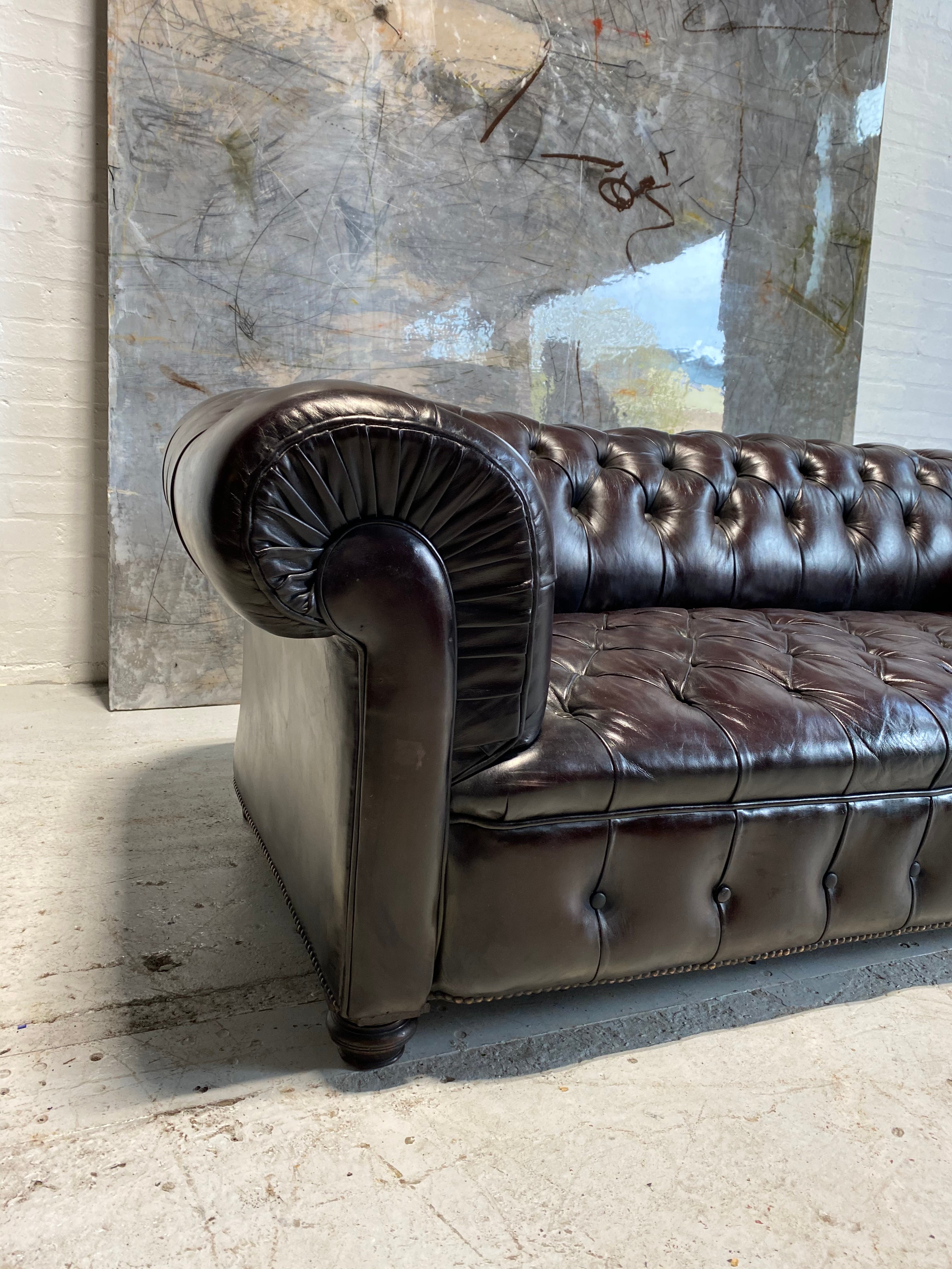 19thC Antique Leather Chesterfield Sofa in Aubergine