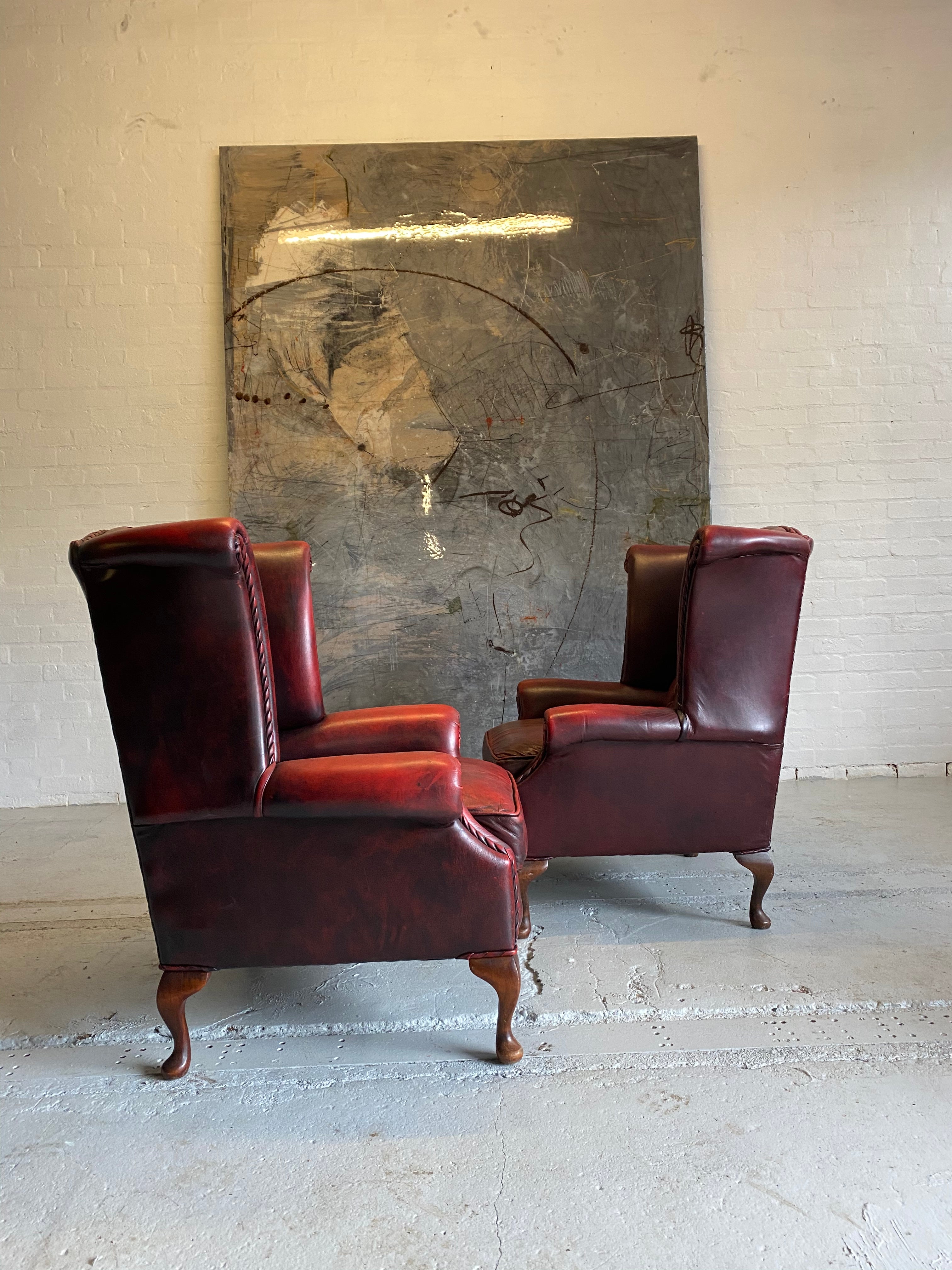 Lovely Matching Pair of Queen Anne Chairs in Raspberry Red Leathers