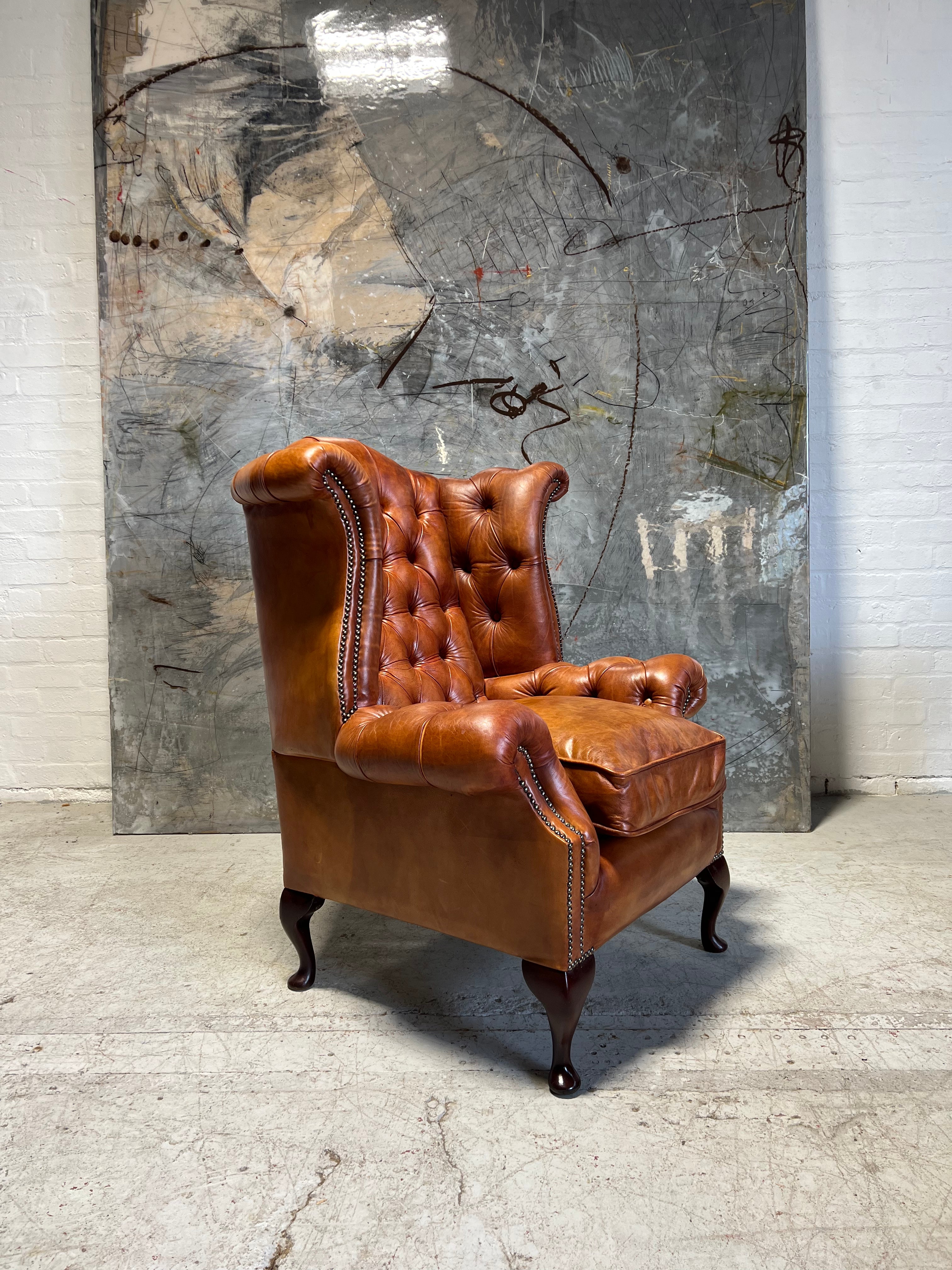 Beautifully Restored Gentleman’s Hand Dyed Leather Chesterfield Wing Back Chair