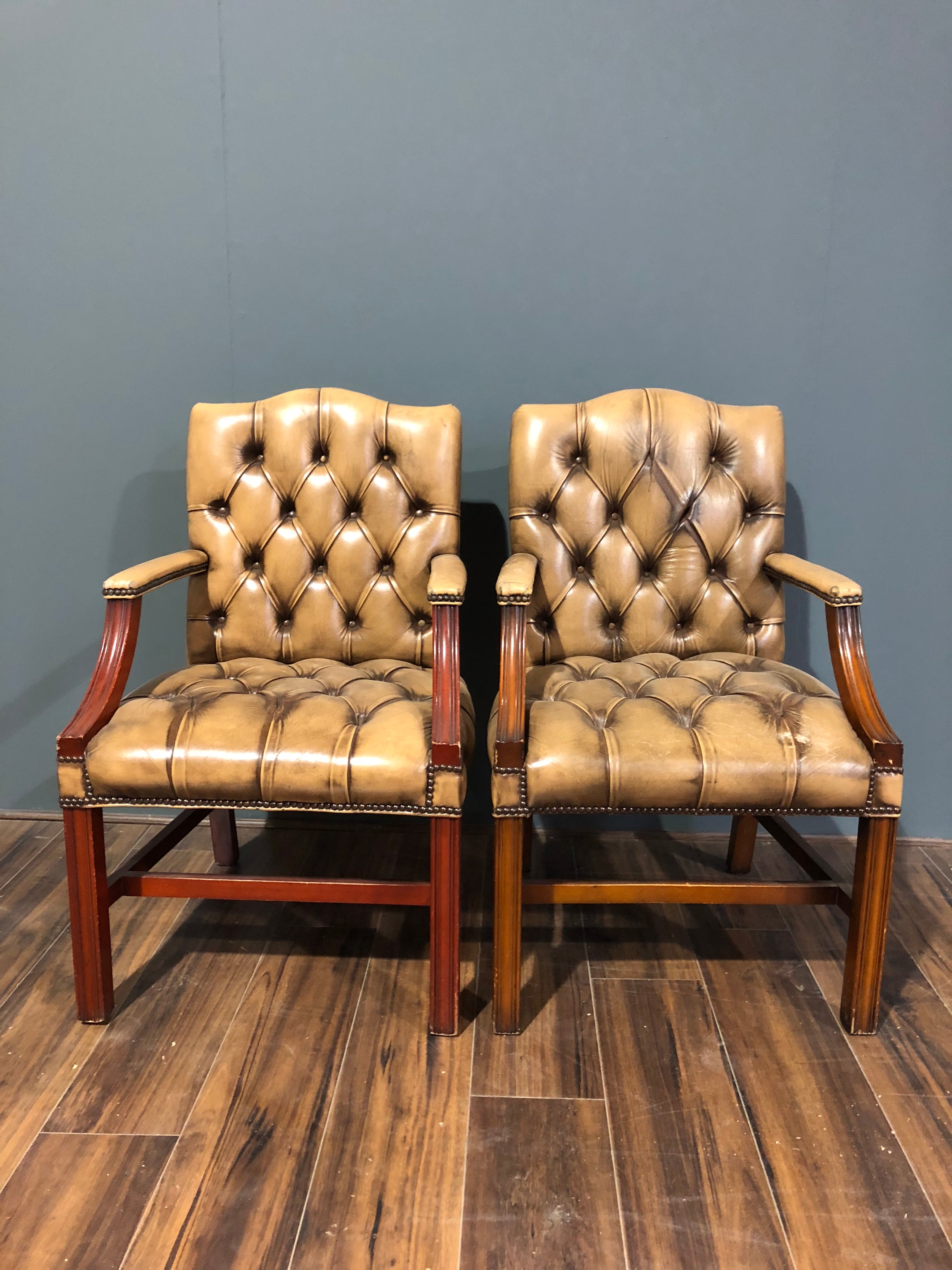 A Charming Pair of Side Chairs in Rustic Tan Leathers