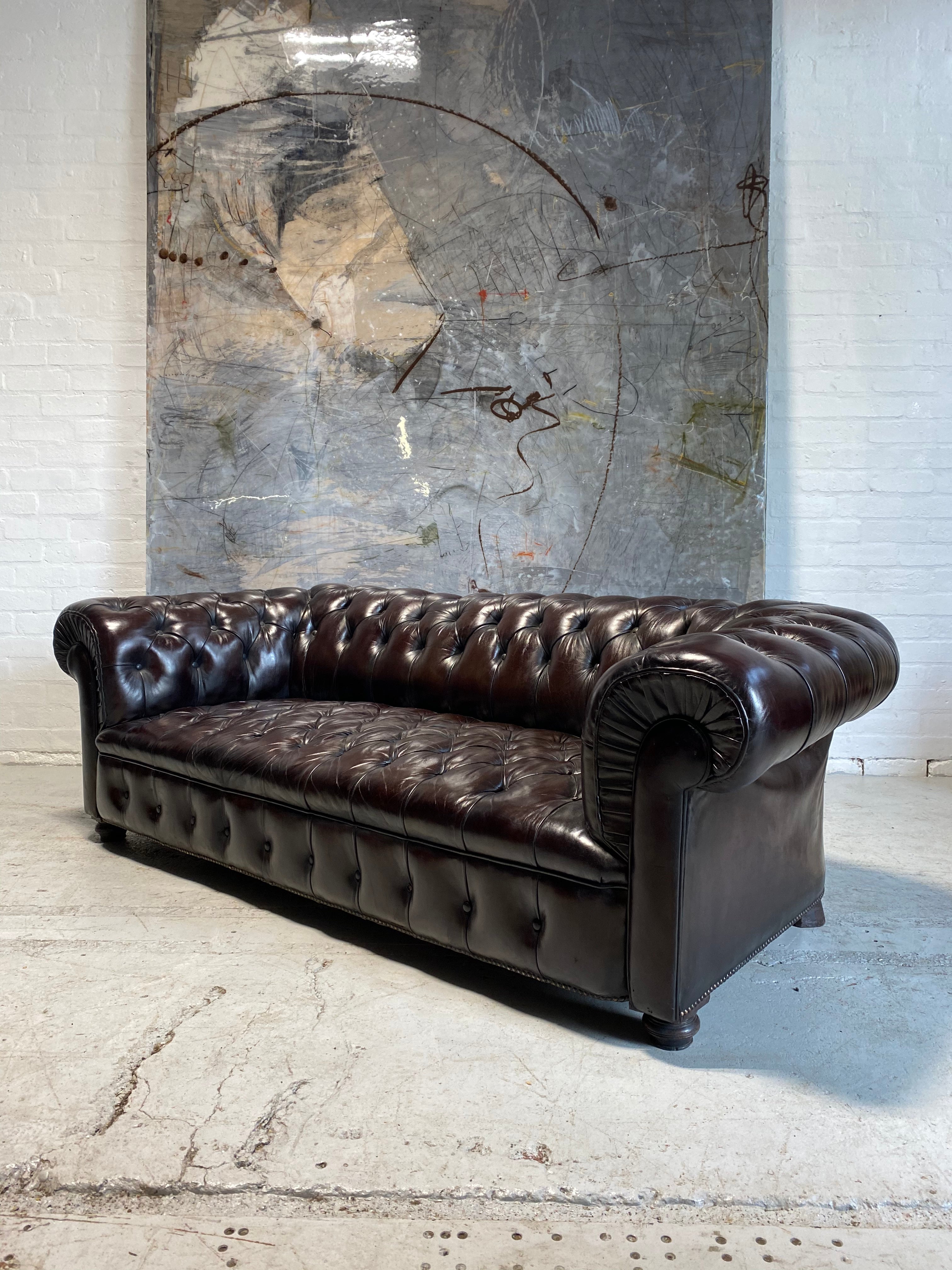 19thC Antique Leather Chesterfield Sofa in Aubergine