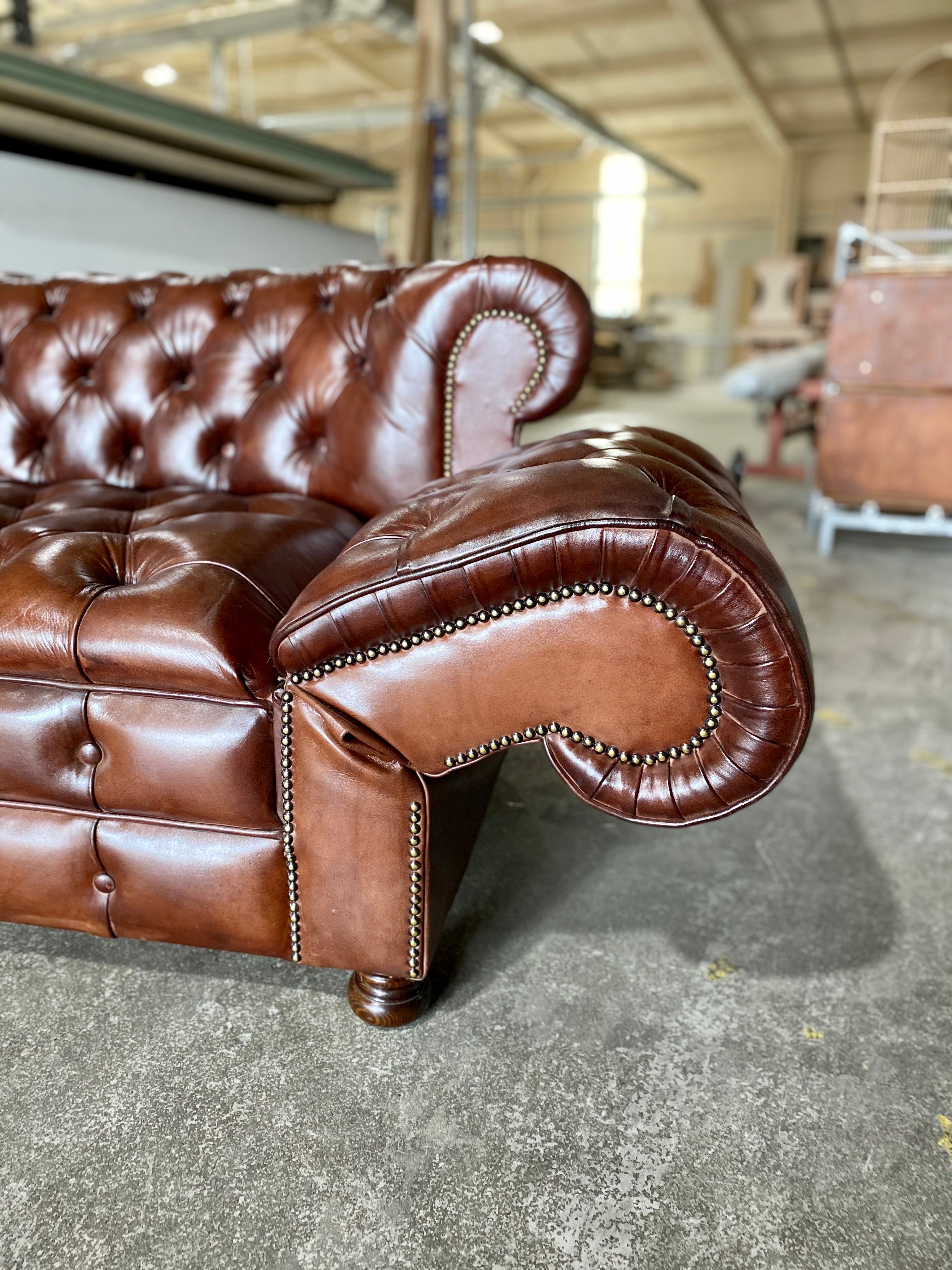 A Perfectly Restored Drop Arm MidC Chesterfield in Hand Dyed Warm Browns