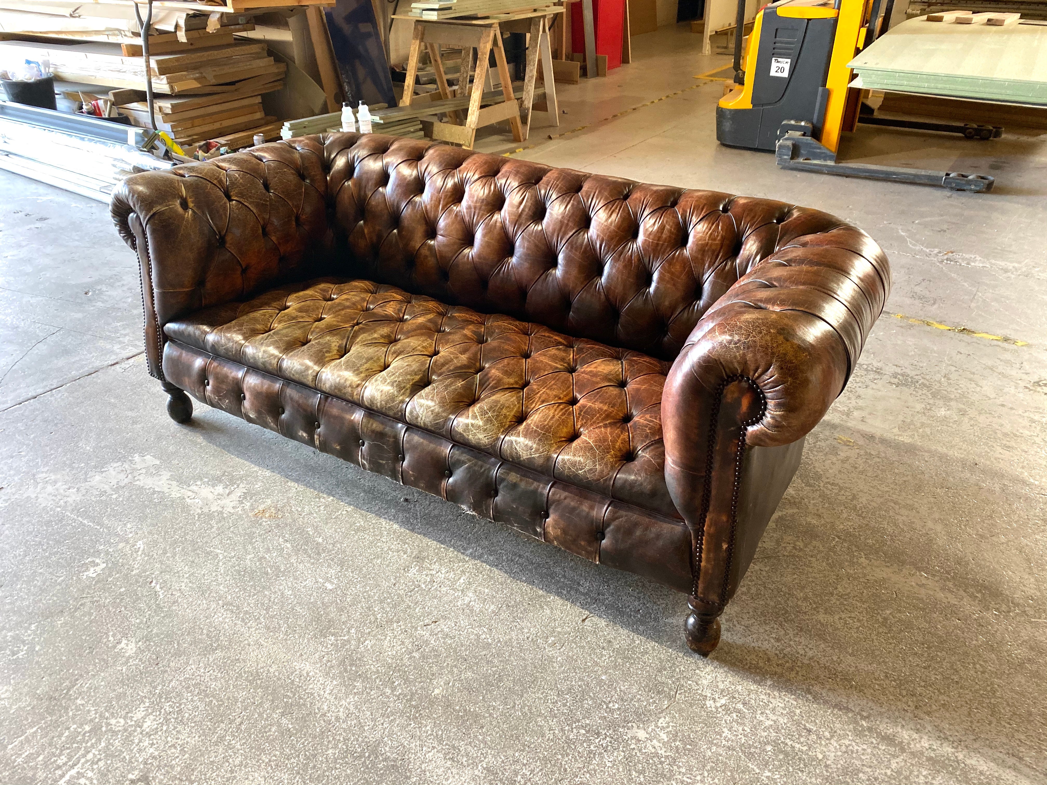 Antique 19thC Chesterfield Sofa in Original Leather