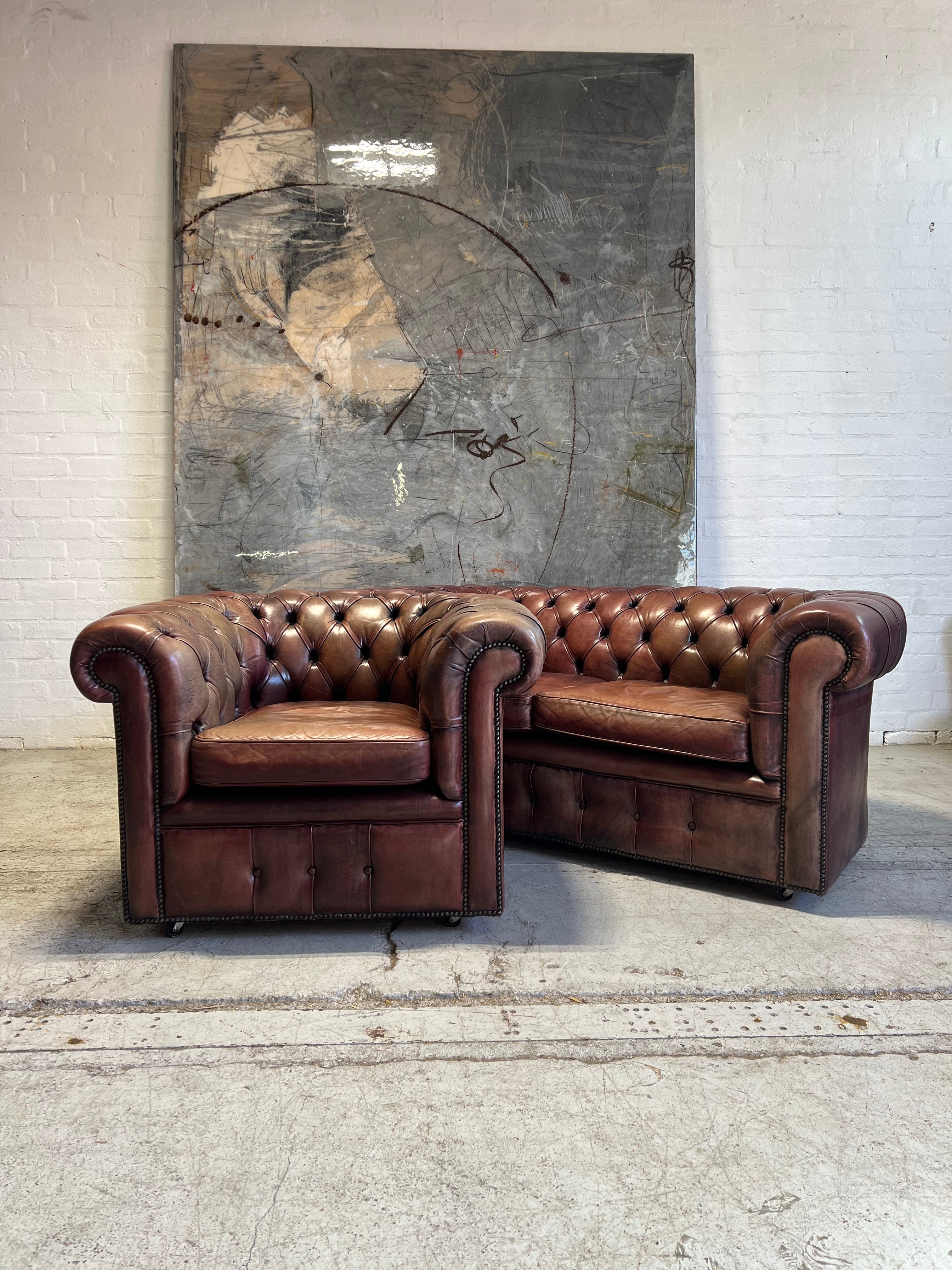 MidC Hand Dyed Leather 2 Seat Chesterfield Sofa & Club Chair