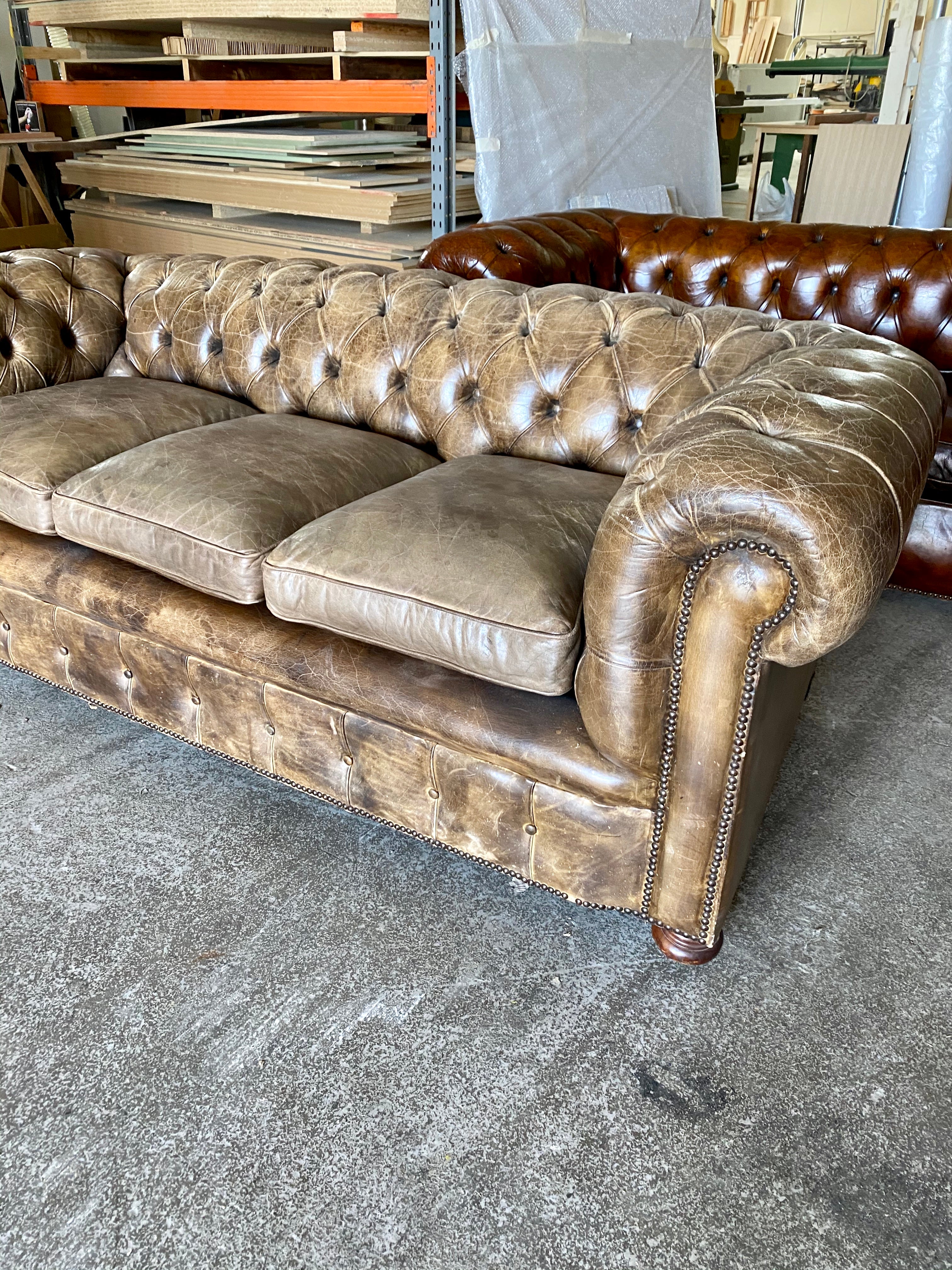 Exceptional Hand Dyed Leather Chesterfield Sofa in Chalk Brown