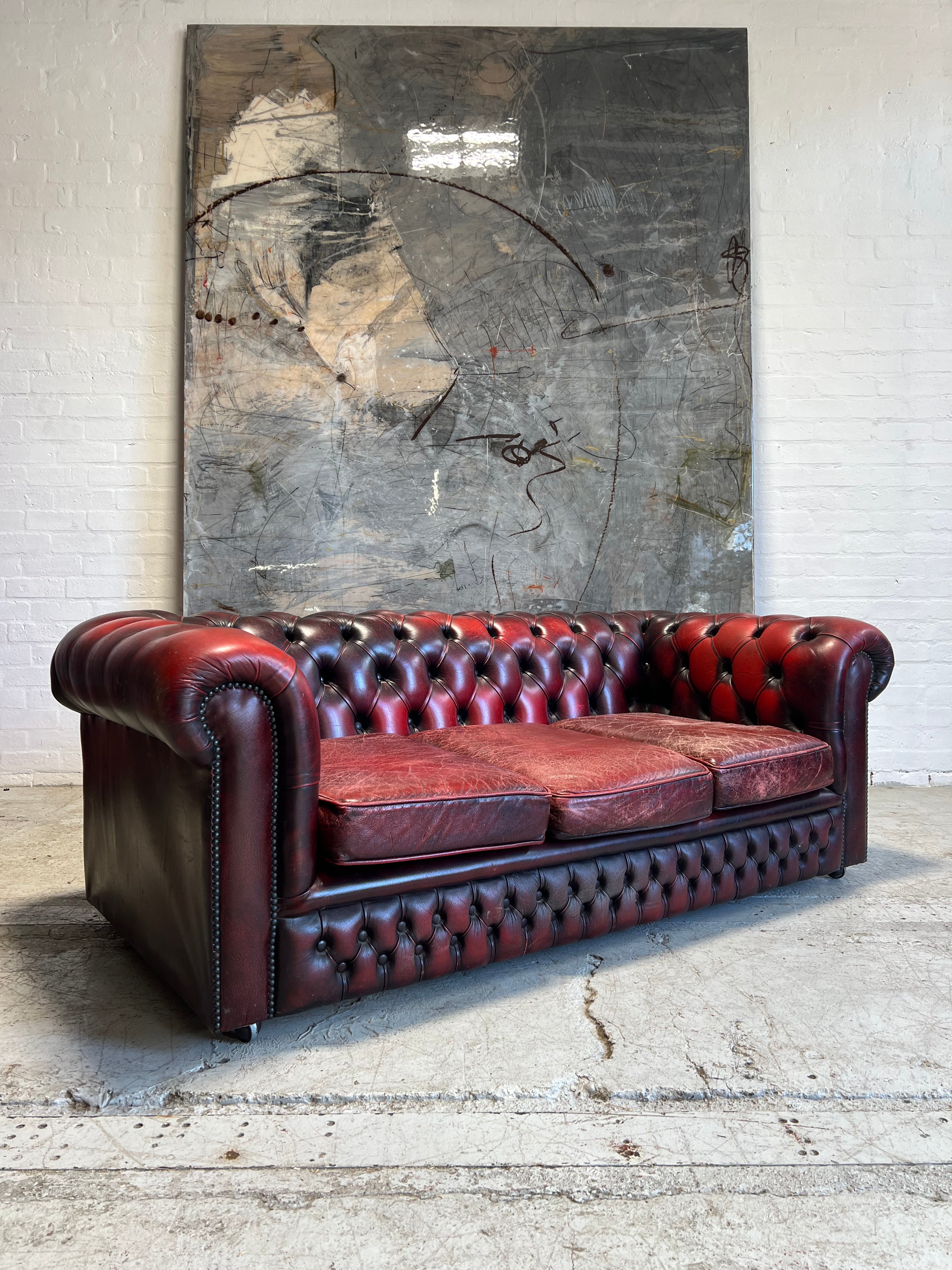 A Really Great Rustic Wine 3 Seat Leather Chesterfield Sofa