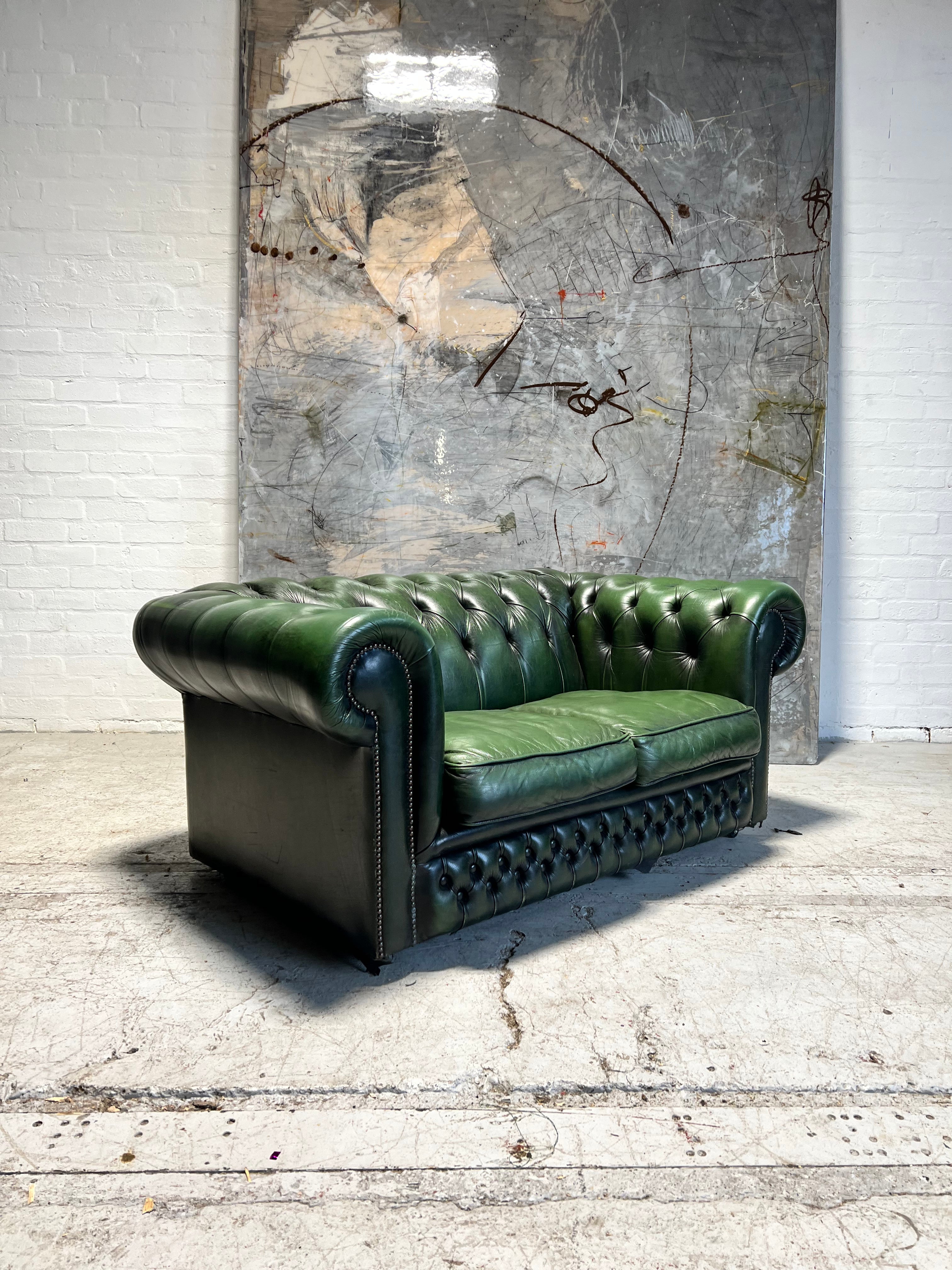 A Super Matching Pair of Leather Chesterfield 2 Seater Sofas in Forest Green