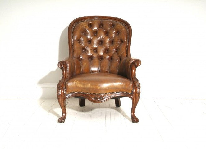 ANTIQUE BROWN LEATHER SLIPPER CHAIR : MID 19THC