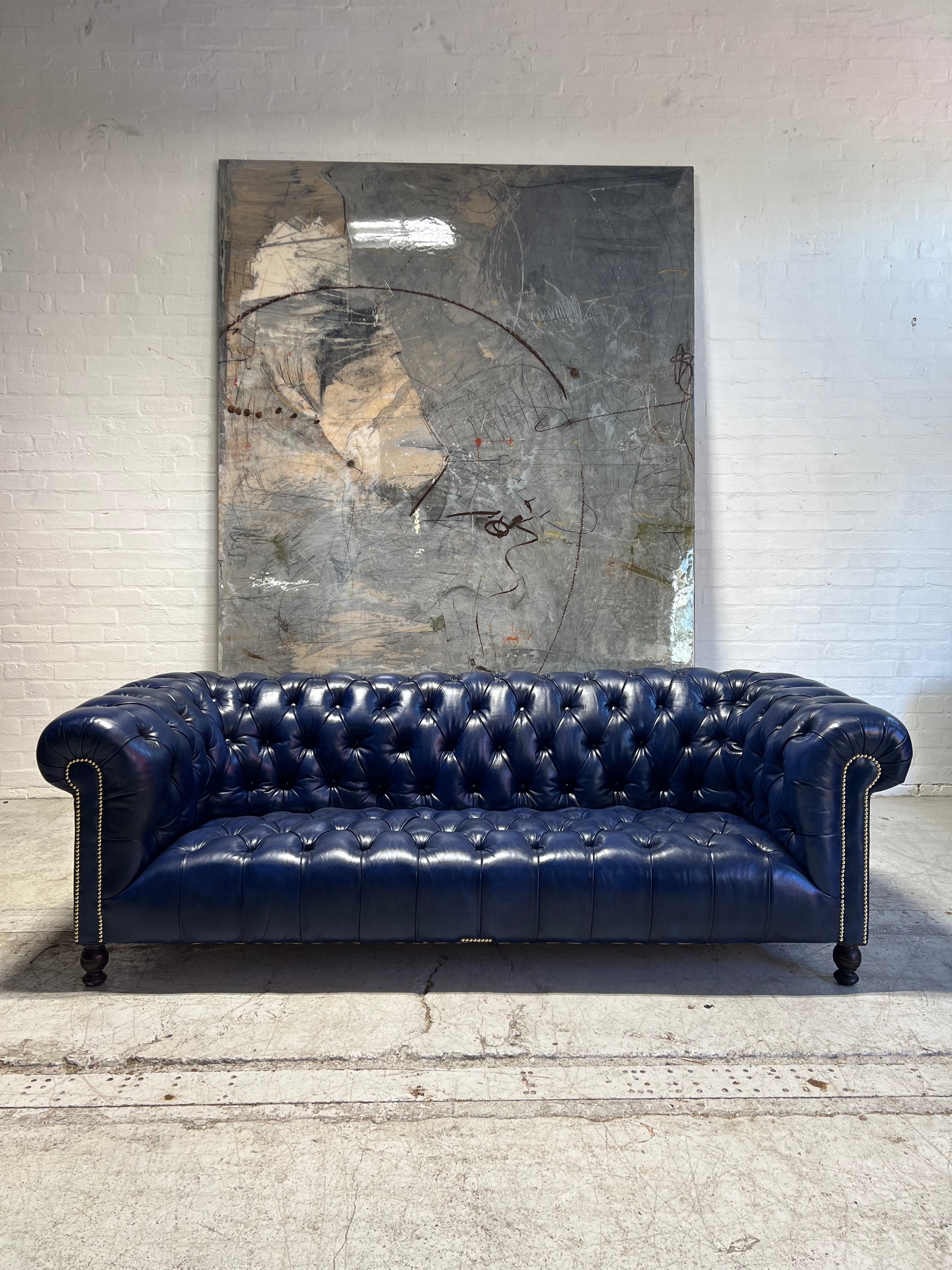 Excellent Antique 19thC Victorian Chesterfield Sofa - Fully Restored in our Hand Dyed Deep Ocean Leathers - 4 Seat