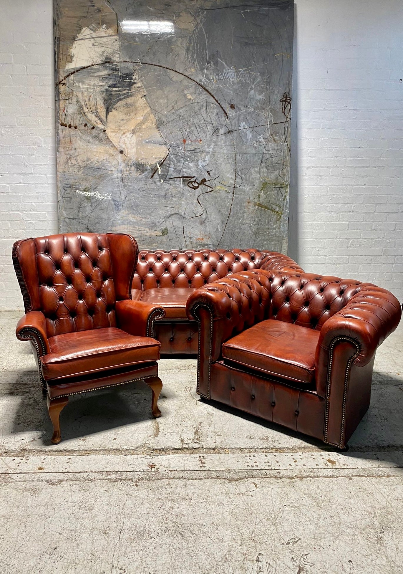 A Very Cool MidC Vintage Leather Chesterfield Suite in Burnt Red