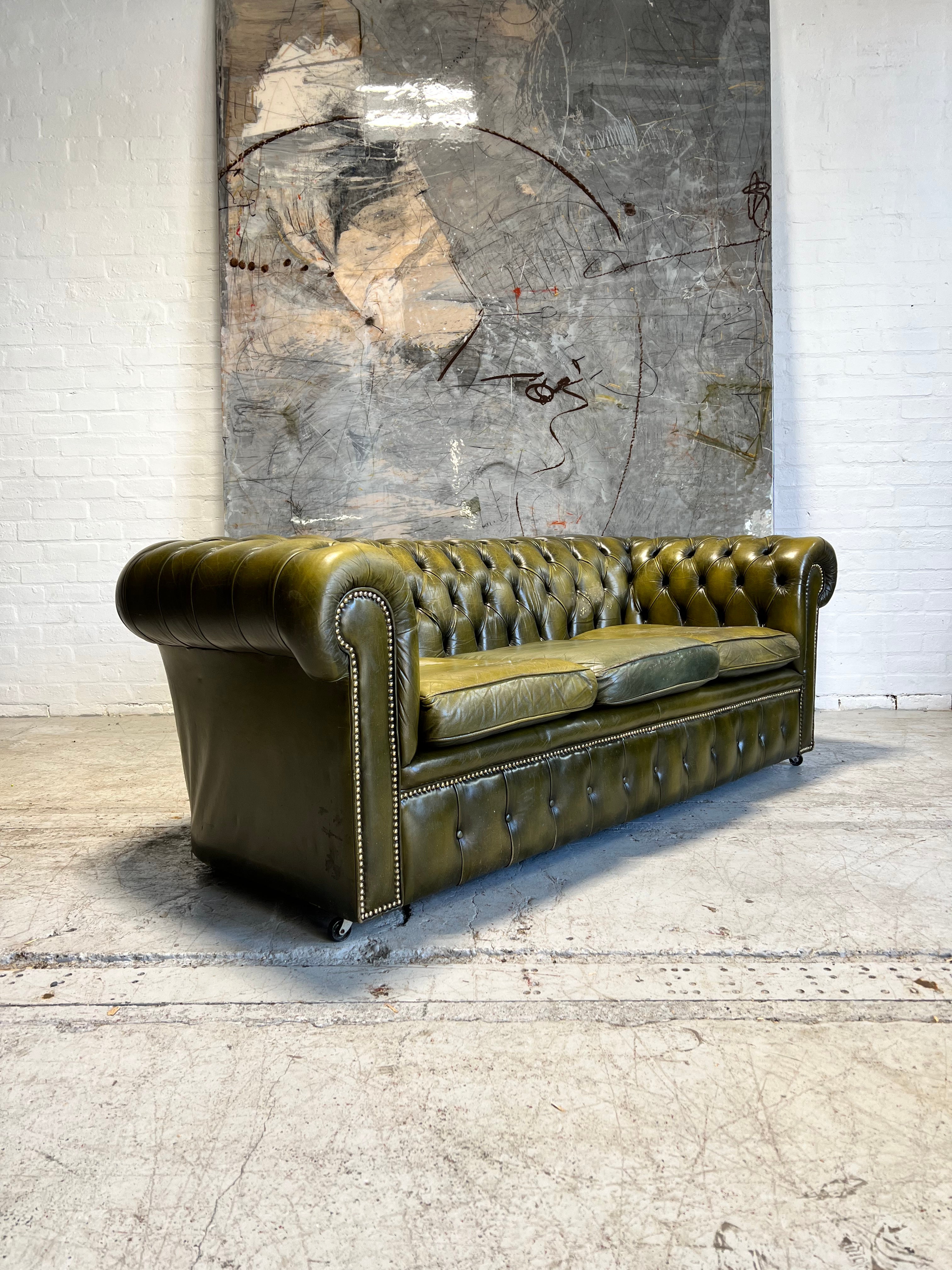 Stunning Pair of MidC Chesterfield Wing Back Chairs in Striking Olive Green