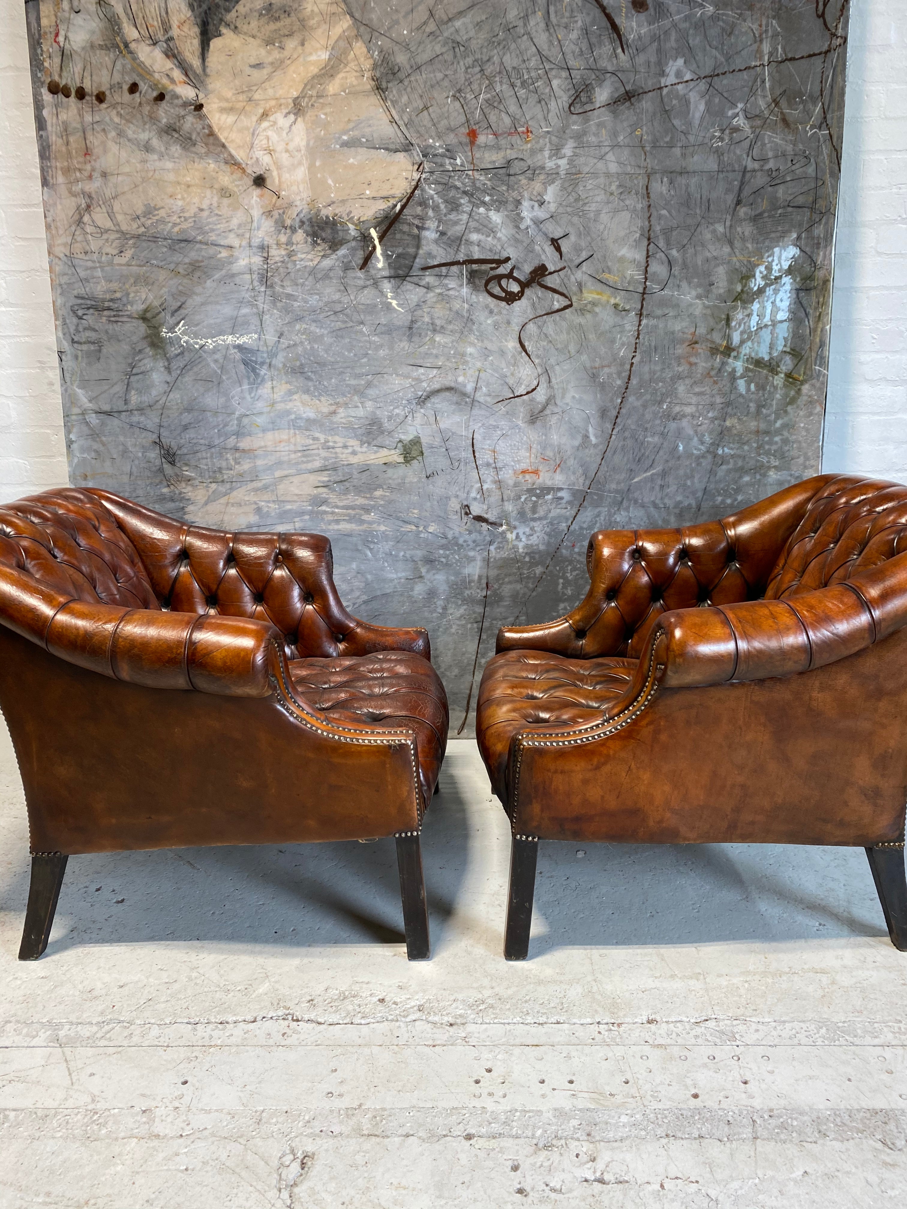 Beautiful Pair of MidC Library Chairs in Rustic Horse Chestnut Hand Dyed Leathers