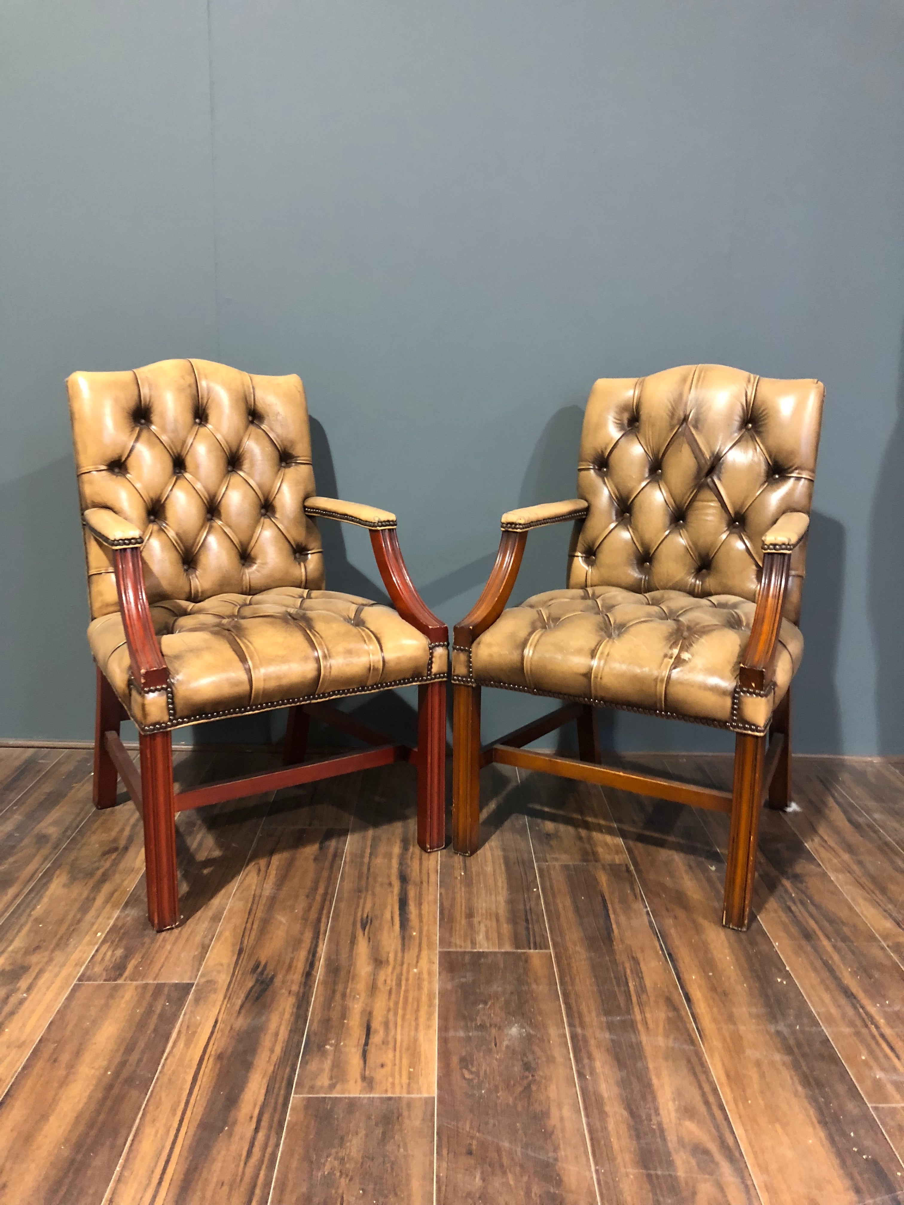 A Charming Pair of Side Chairs in Rustic Tan Leathers