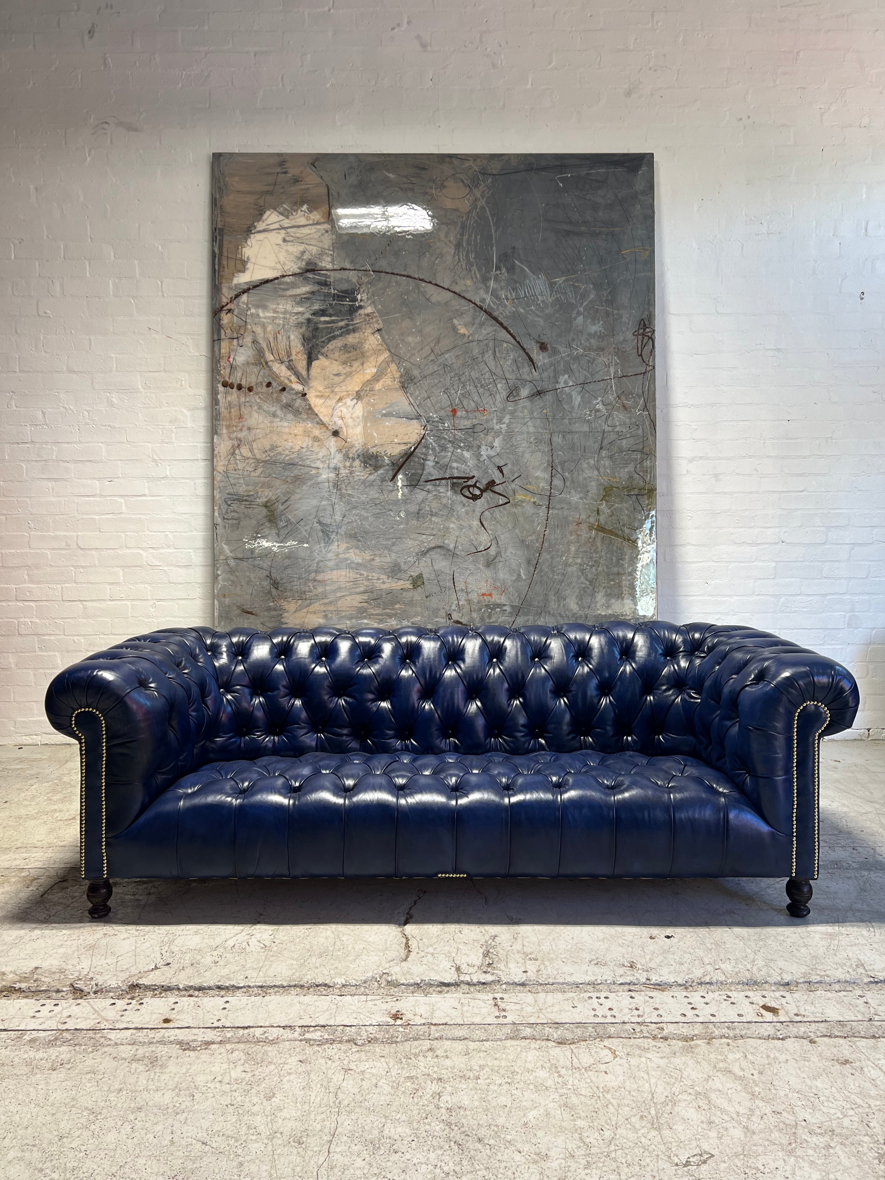 Excellent Antique 19thC Victorian Chesterfield Sofa - Fully Restored in our Hand Dyed Deep Ocean Leathers - 4 Seat