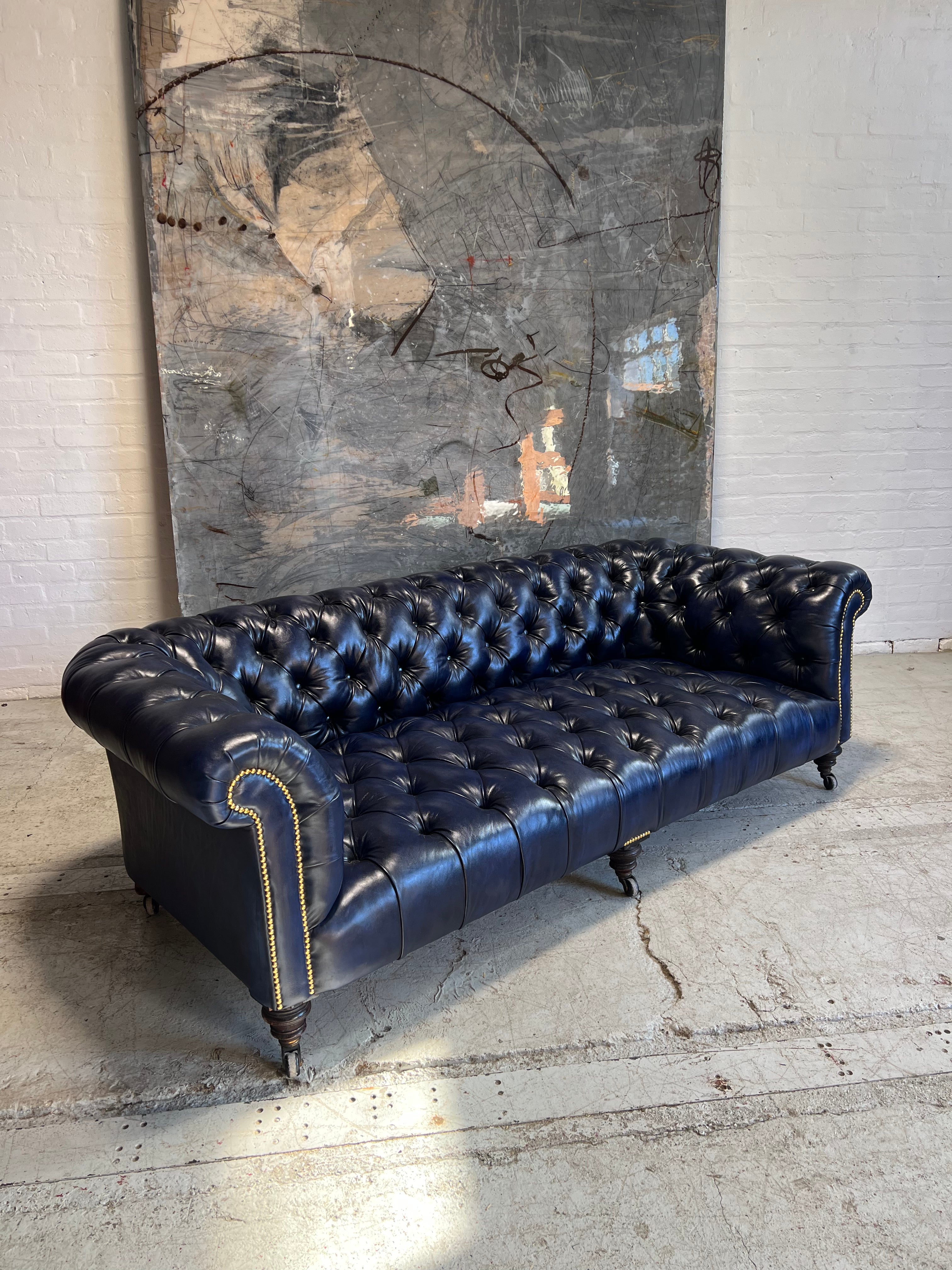 A Very Good 4 Seat Antique Victorian 19thC Chesterfield Sofa - Fully a restored in Hand Dyed Deep Ocean Navy Blue Leather