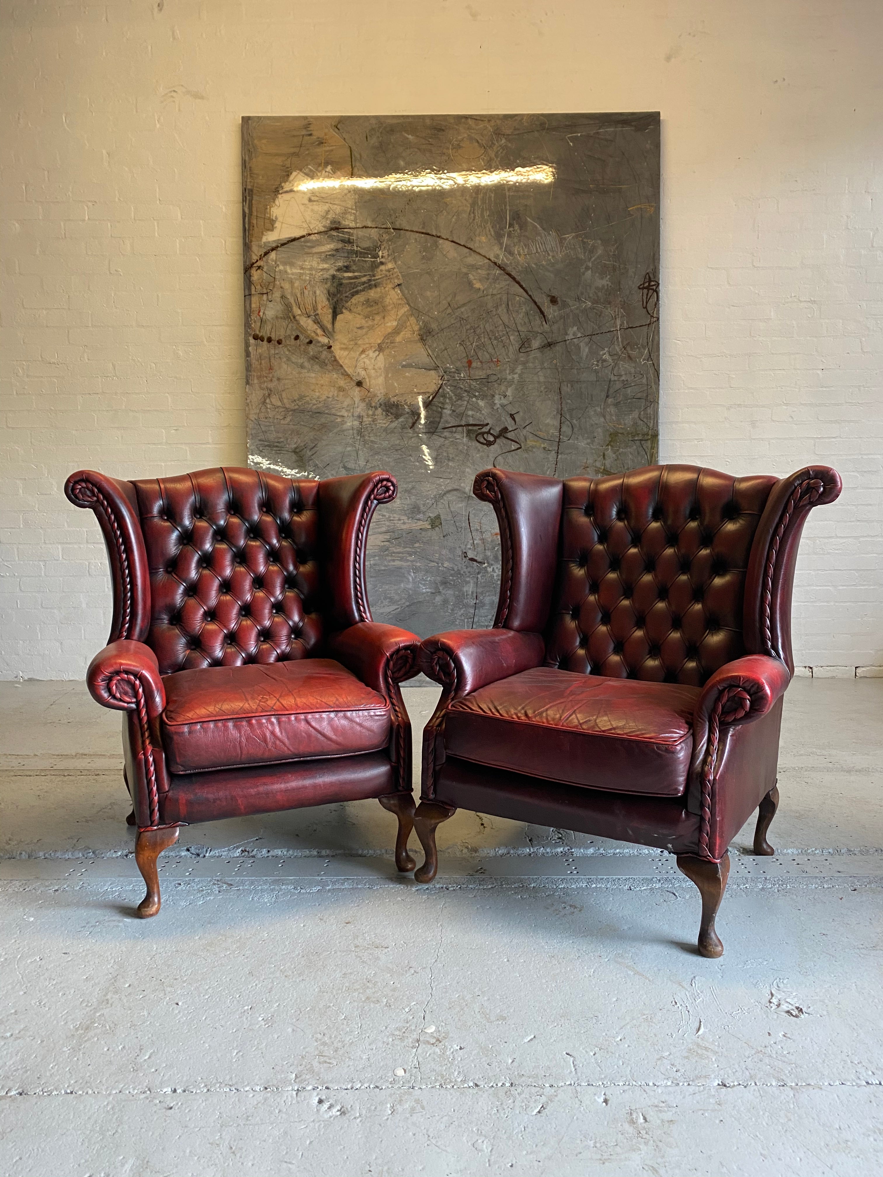 Lovely Matching Pair of Queen Anne Chairs in Raspberry Red Leathers