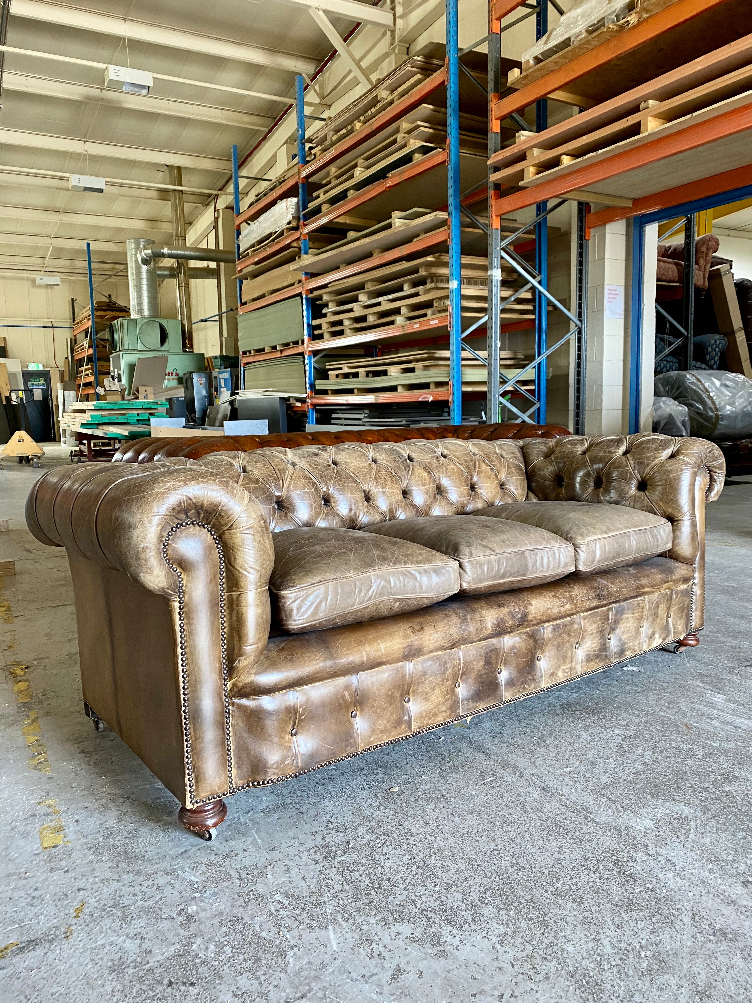 Exceptional Hand Dyed Leather Chesterfield Sofa in Chalk Brown