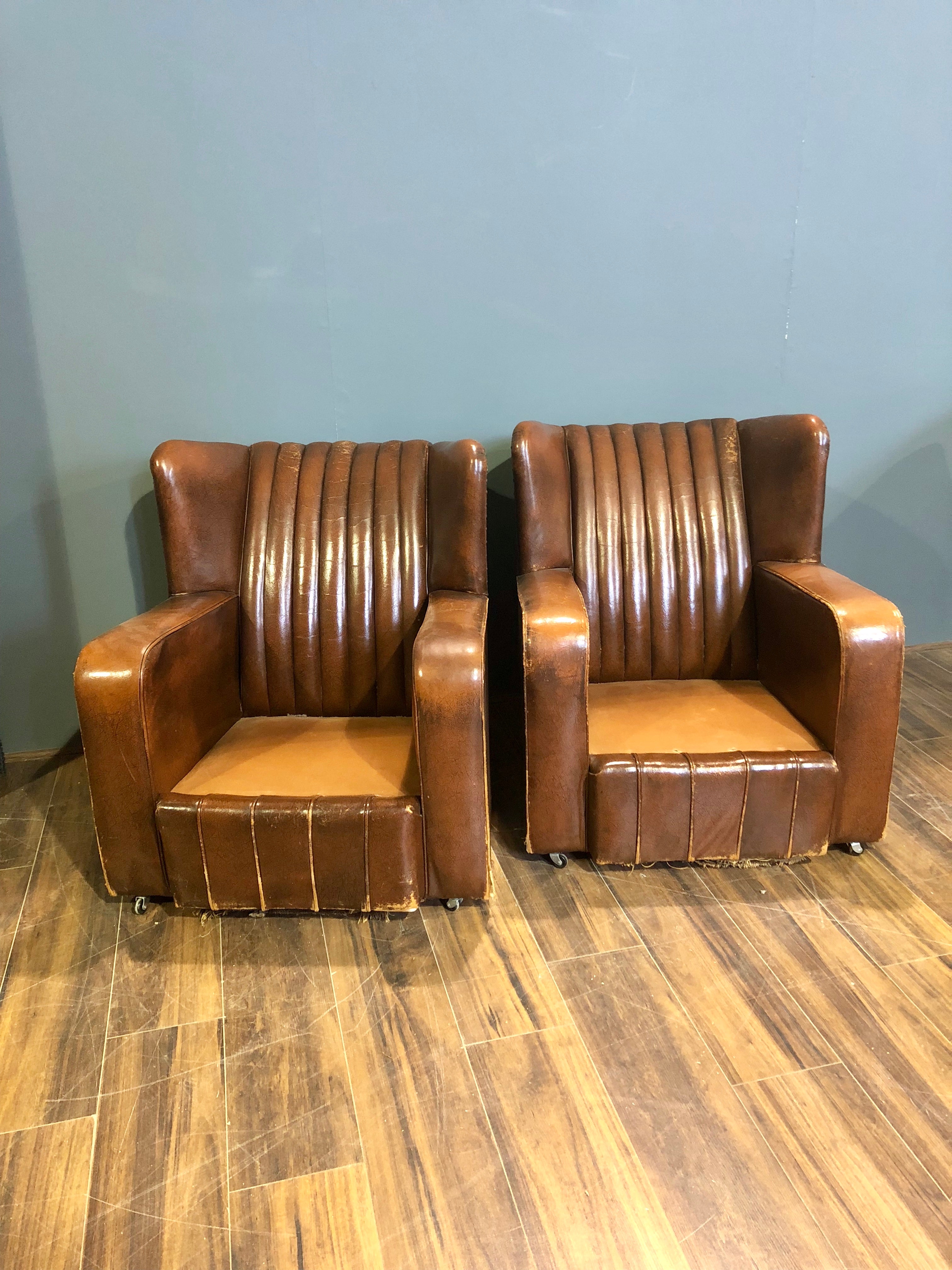 A Very Very Nice Matching Pair of Early 20thC Leather Armchairs