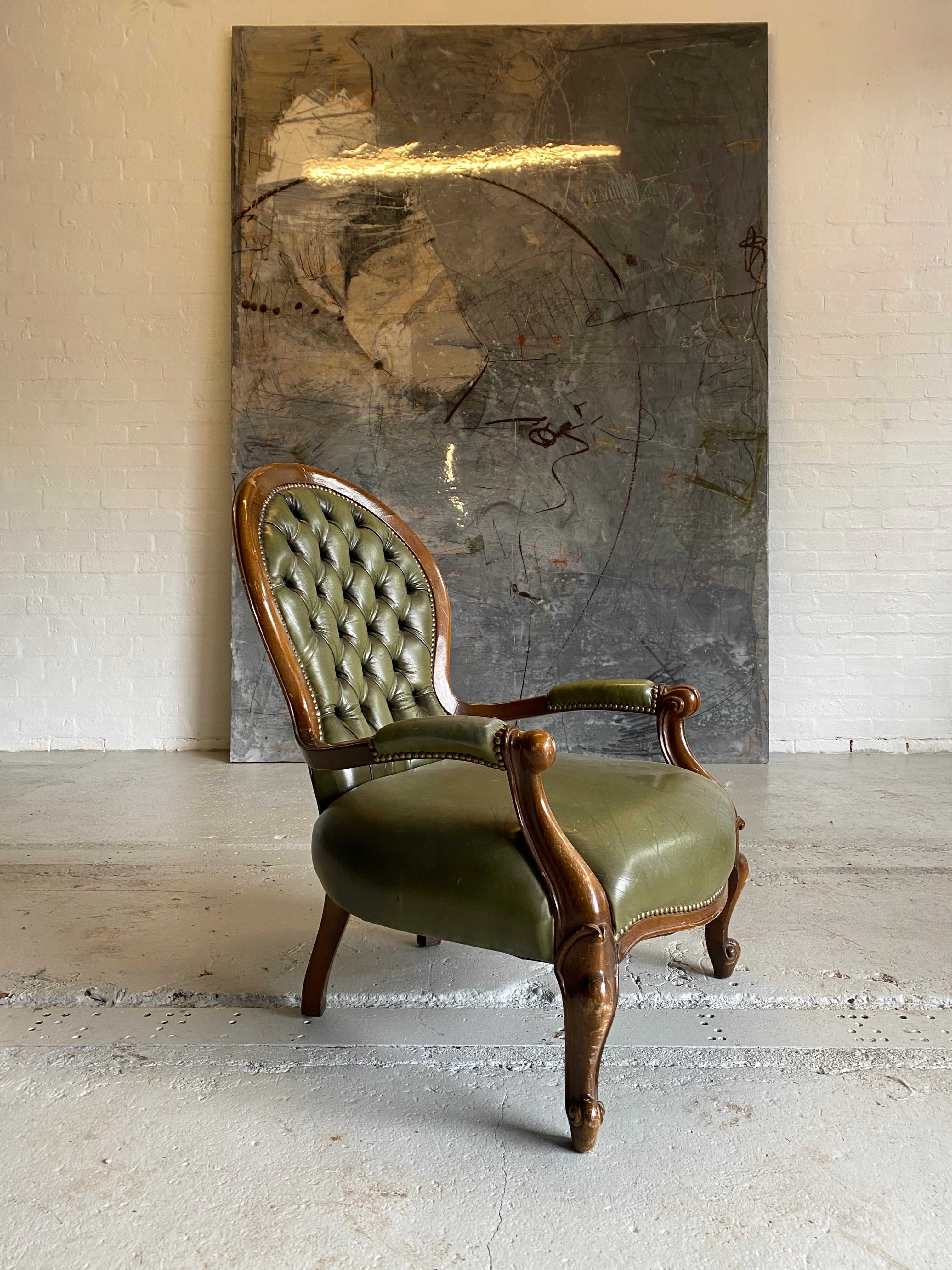 Lovely Carved Side Chair in Olive Green Leathers