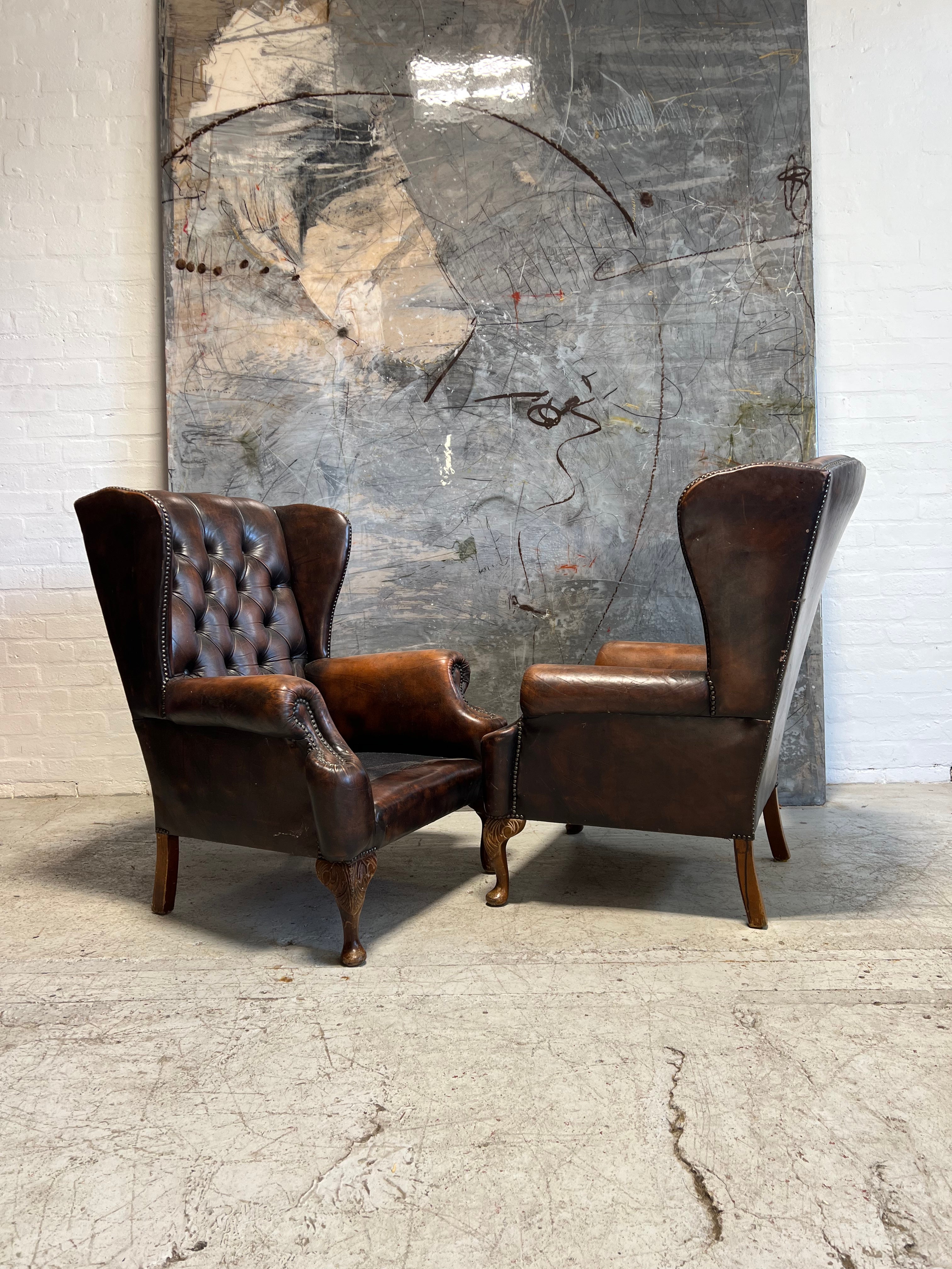 Beautiful Matching Pair of Chesterfield Wing Back Chairs