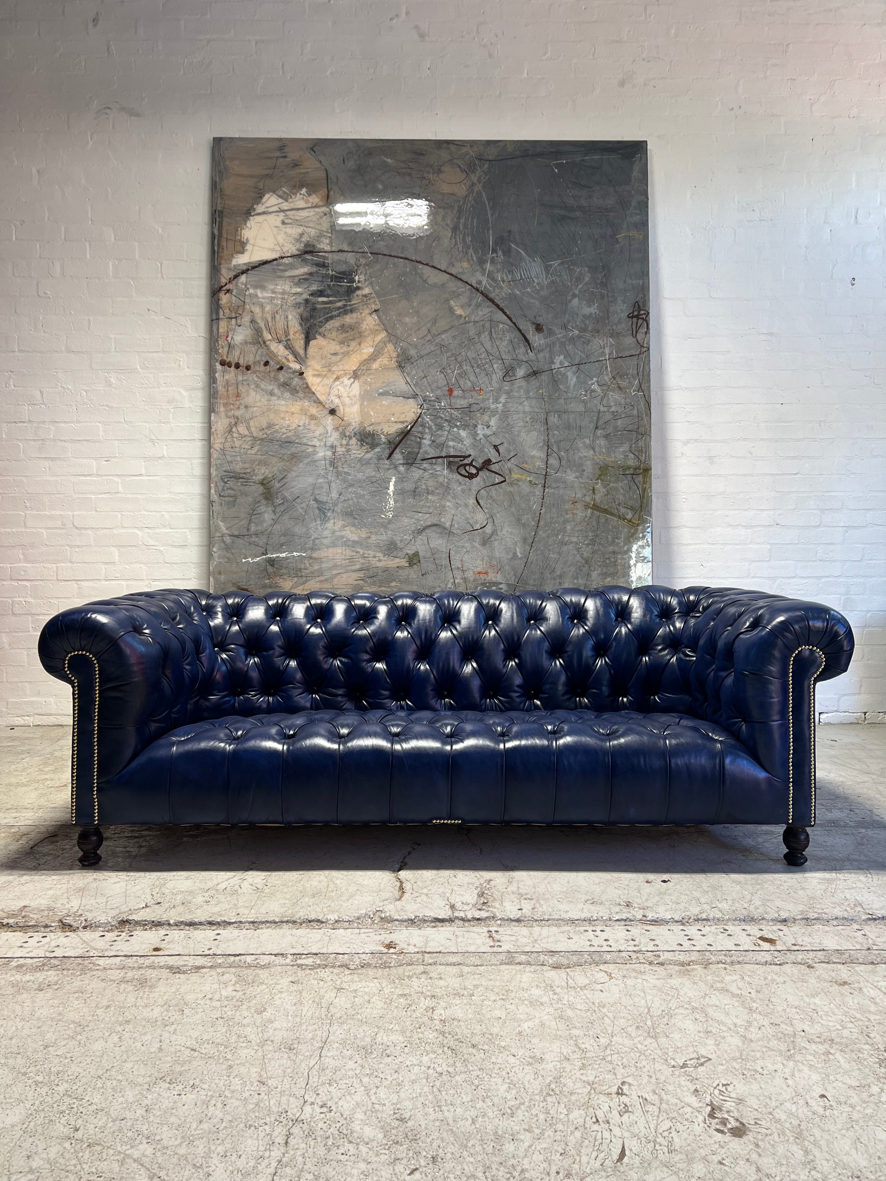 Excellent Antique 19thC Victorian Chesterfield Sofa - Fully Restored in our Hand Dyed Deep Ocean Leathers - 4 Seat