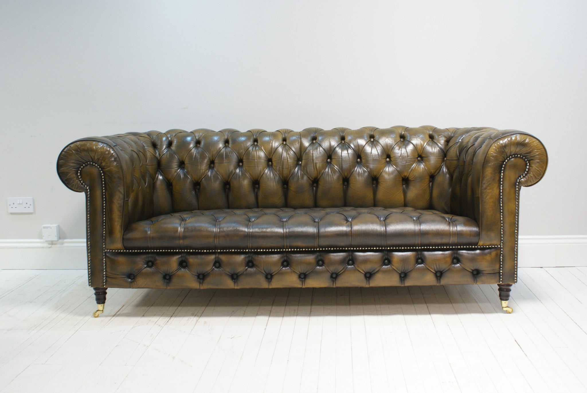 MATCHING PAIR OF FULLY RESTORED BURNT TAN CHESTERFIELD