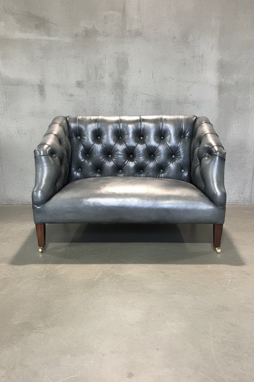 A dark gray tufted leather loveseat with rolled arms and wooden legs, positioned against a textured gray concrete wall and floor.