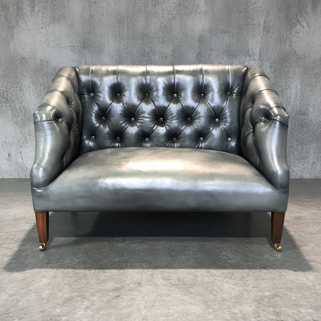 Grey leather buttoned window seat hand dyed 
