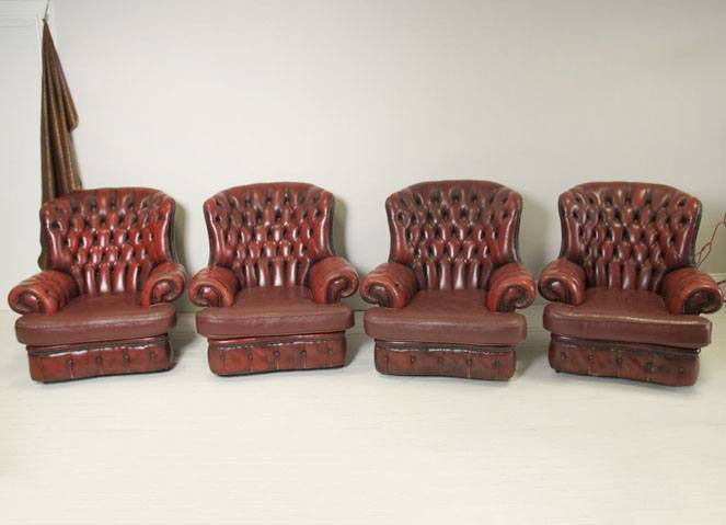 FOUR PRE-LOVED LEATHER CHESTERFIELD HIGH BACK MONKS CHAIRS