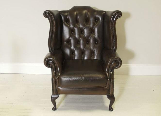 PRE-LOVED SECOND HAND LEATHER CHESTERFIELD WING BACK CHAIR IN RICH CHOCOLATE BROWN