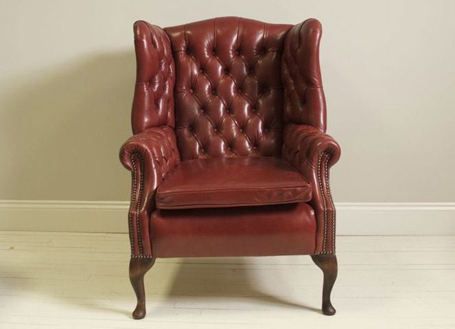 PORTLAND QUEEN ANNE CHAIR: HAND DYED RASPBERRY WINE LEATHER